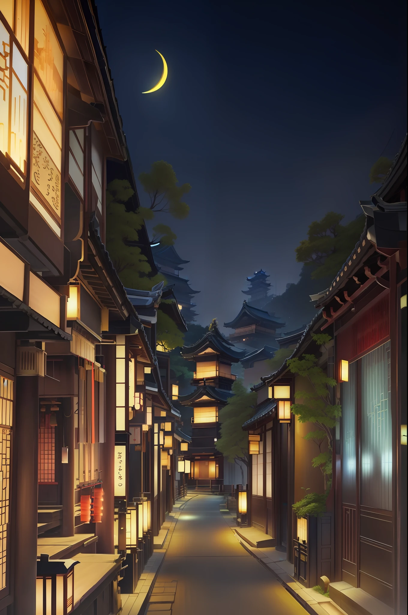 There is a night view of Chinese architecture and crescent-shaped streets, dreamy Chinese towns, street japan, Anime background art, japanese town, author：Shitao, ancient city streets behind her, japanese city at night, makoto sinkai, Japan city, Anime landscape concept art, in a japanese town at night, kyoto inspired, japan at night, nightime village background