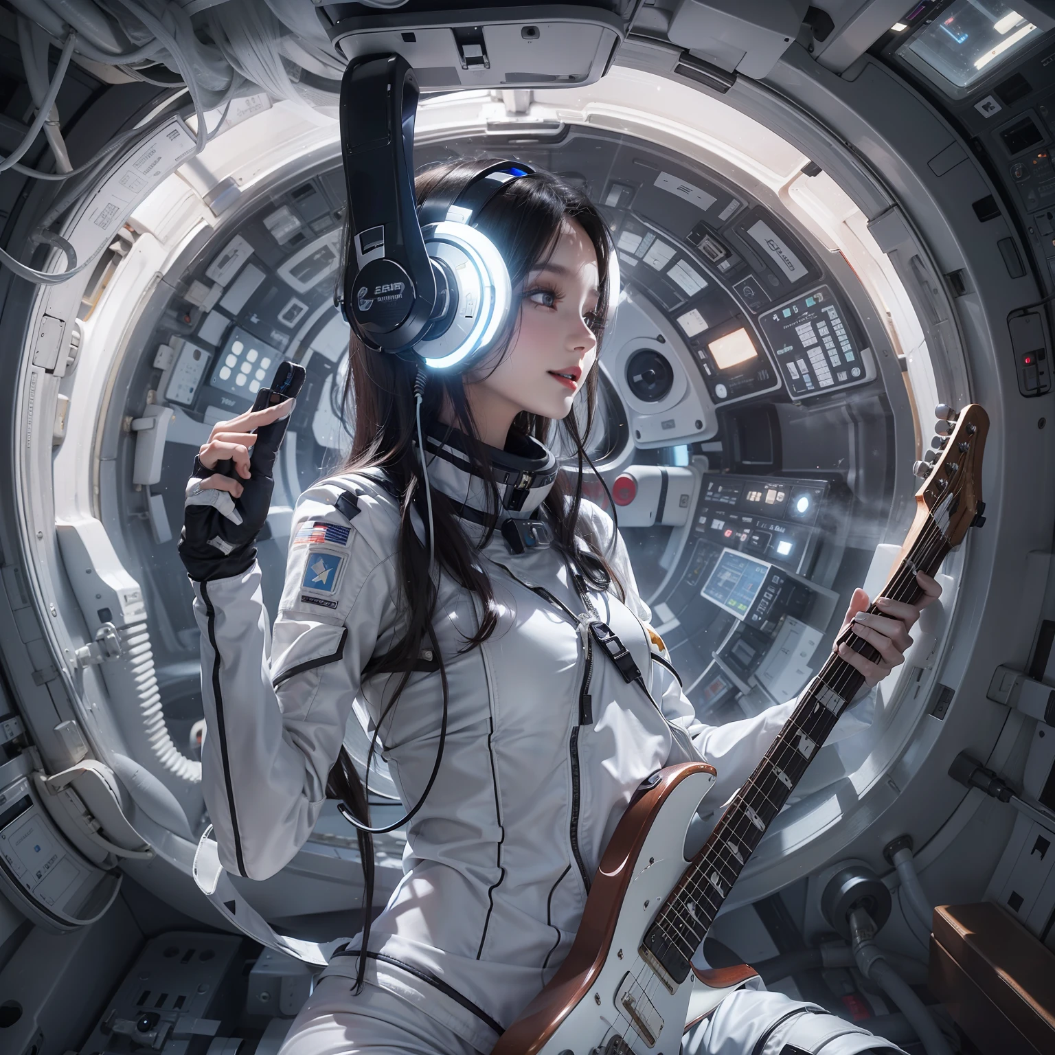 Enchanted woman happy to raise her hand　Perfect beauty　Beautiful white skin　Beautiful eyes　Lustrous lips　lovely smile　Dark hair　He wears a thin spacesuit designed in white and black that sticks to his body.　holding an electric guitar　Functional　head phone　Inside the spacecraft