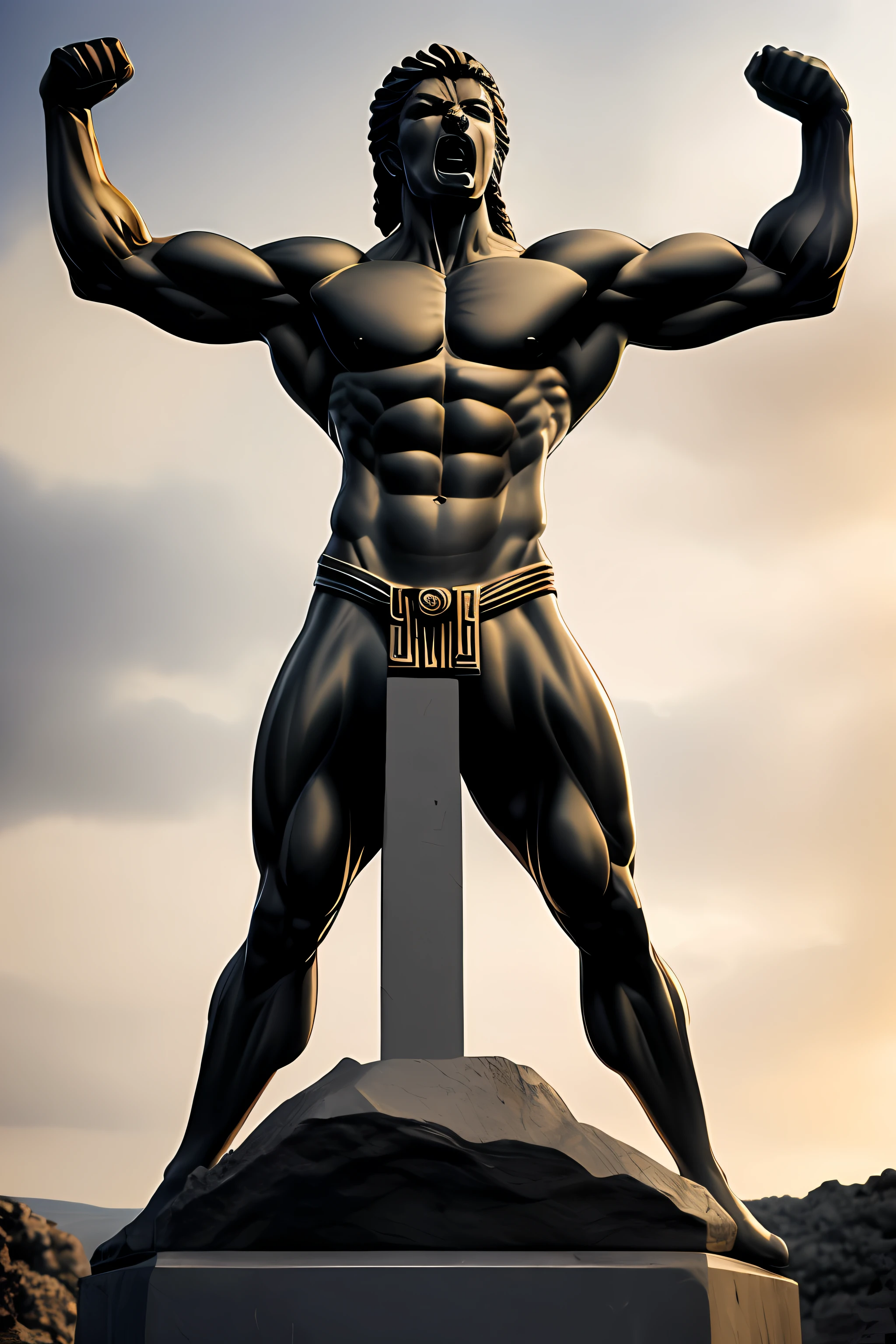 Create an artwork of a muscular Greek statue with an expression of anger and in a dynamic pose. The statue should exude a sense of power and intensity, capturing the moment of fury frozen in stone. This artwork is intended to convey the raw emotion of the Greek deity or hero depicted in the sculpture, evoking a striking and captivating presence