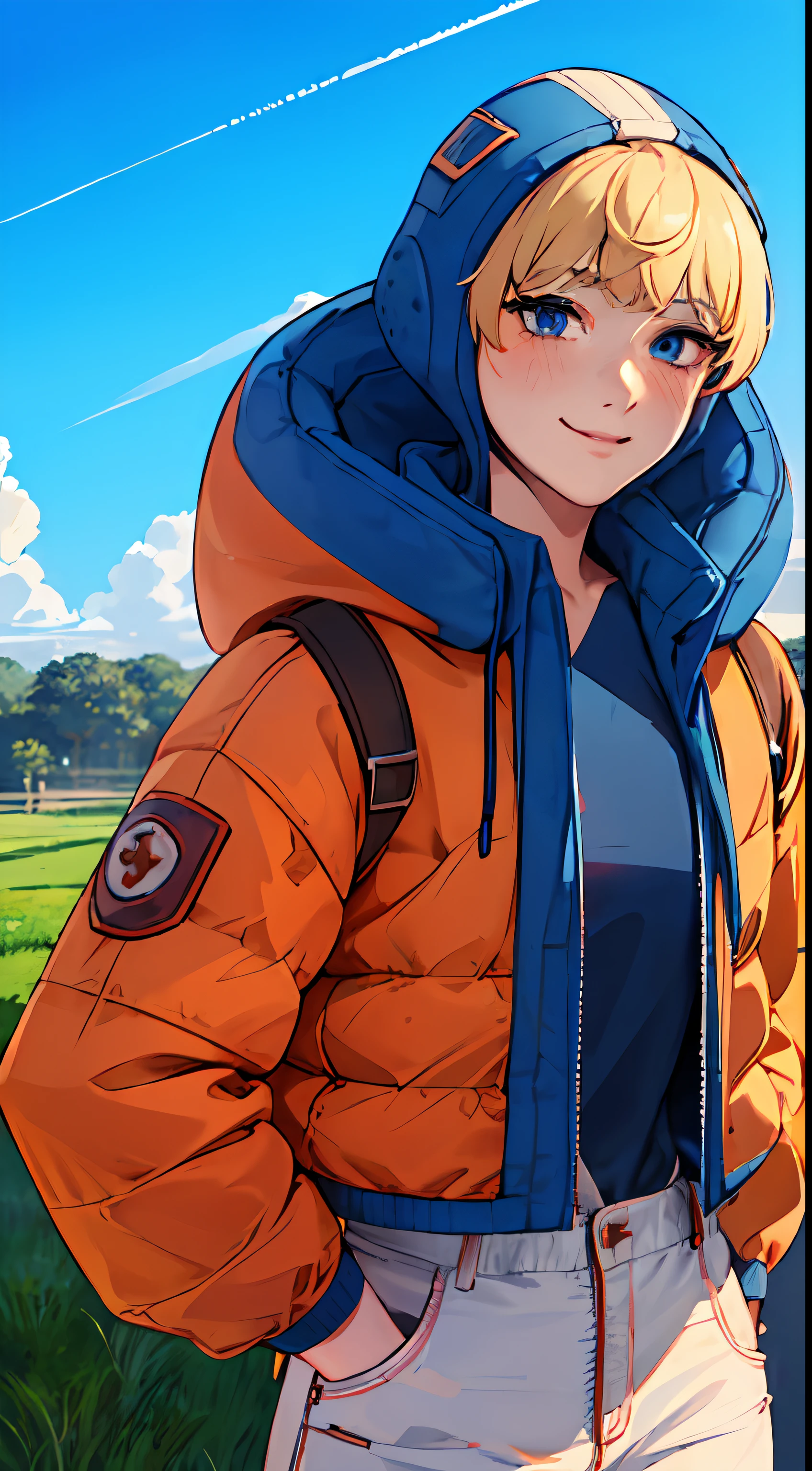 1girl in, (Smile),  operating machine, Solo, Wattson, masutepiece, Highly detailed, Blue eyes, Detailed eyes, expressive detailed eyes, wide eyed, Blonde hair, Short hair, Orange jacket,  Blue shirt, blue top, Blue skinsuit, White pants,( Blue hood:1.4)、blue-sky、lawn、blush、suns,​​clouds