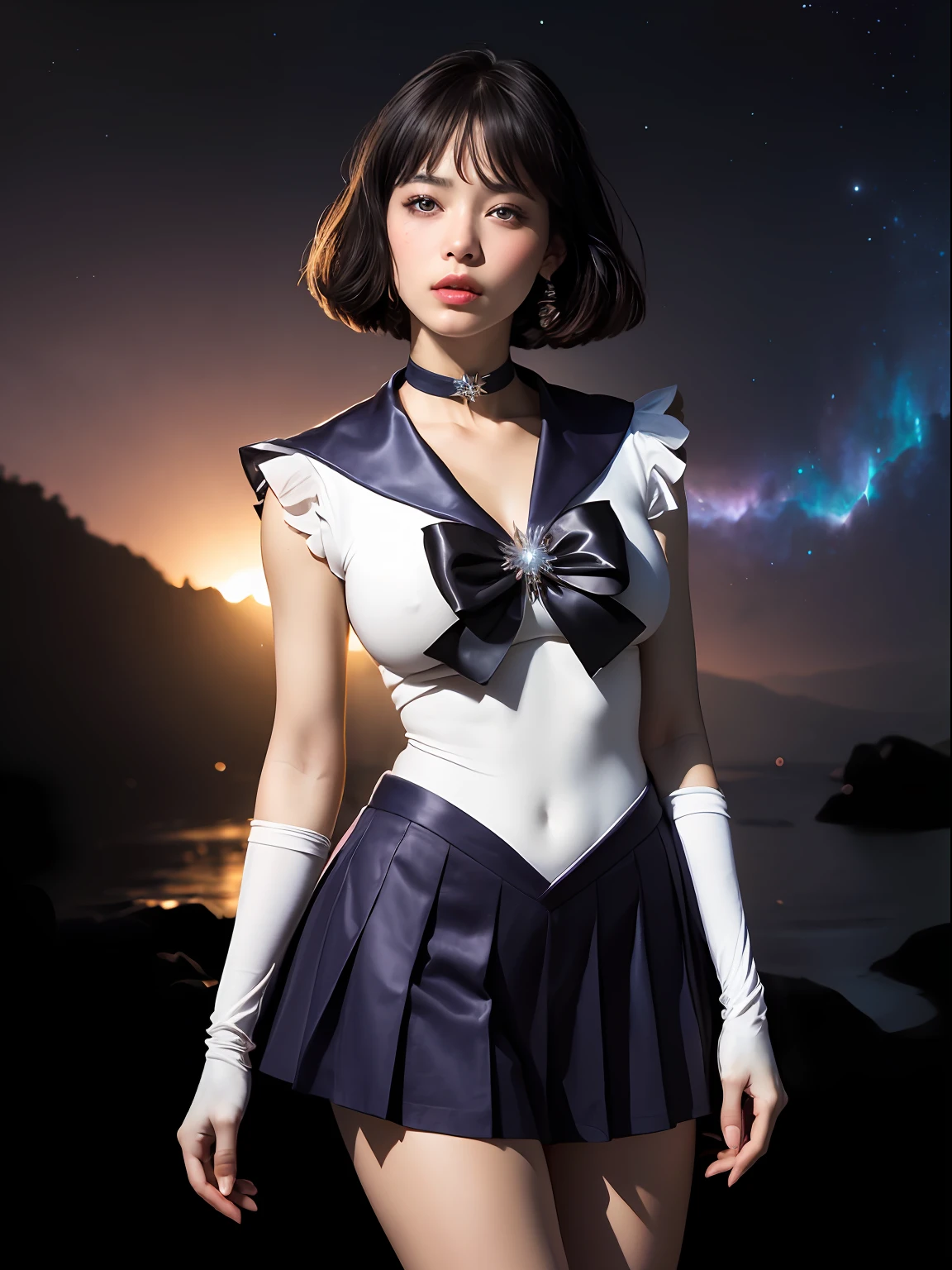 (masterpiece, best quality:1.4), (nebula background), (full body shot:1.5), (from front), 1girl, solo, (european youth:1sailor saturn, tiara, sailor senshi uniform, purple sailor collar, pleated skirt, elbow gloves, jewelry, brooch, choker, short black hair, (purple eyes:1), beautiful face, highly detailed face, highly detailed eyes, highly detailed skin, skin pores, subsurface scattering, realistic pupils, large breast, hard breast, full face blush, full lips, detailed background, depth of field, volumetric lighting, sharp focus, absurdres, realistic proportions, good anatomy, (realistic, hyperrealistic:1.4), 16k hdr,