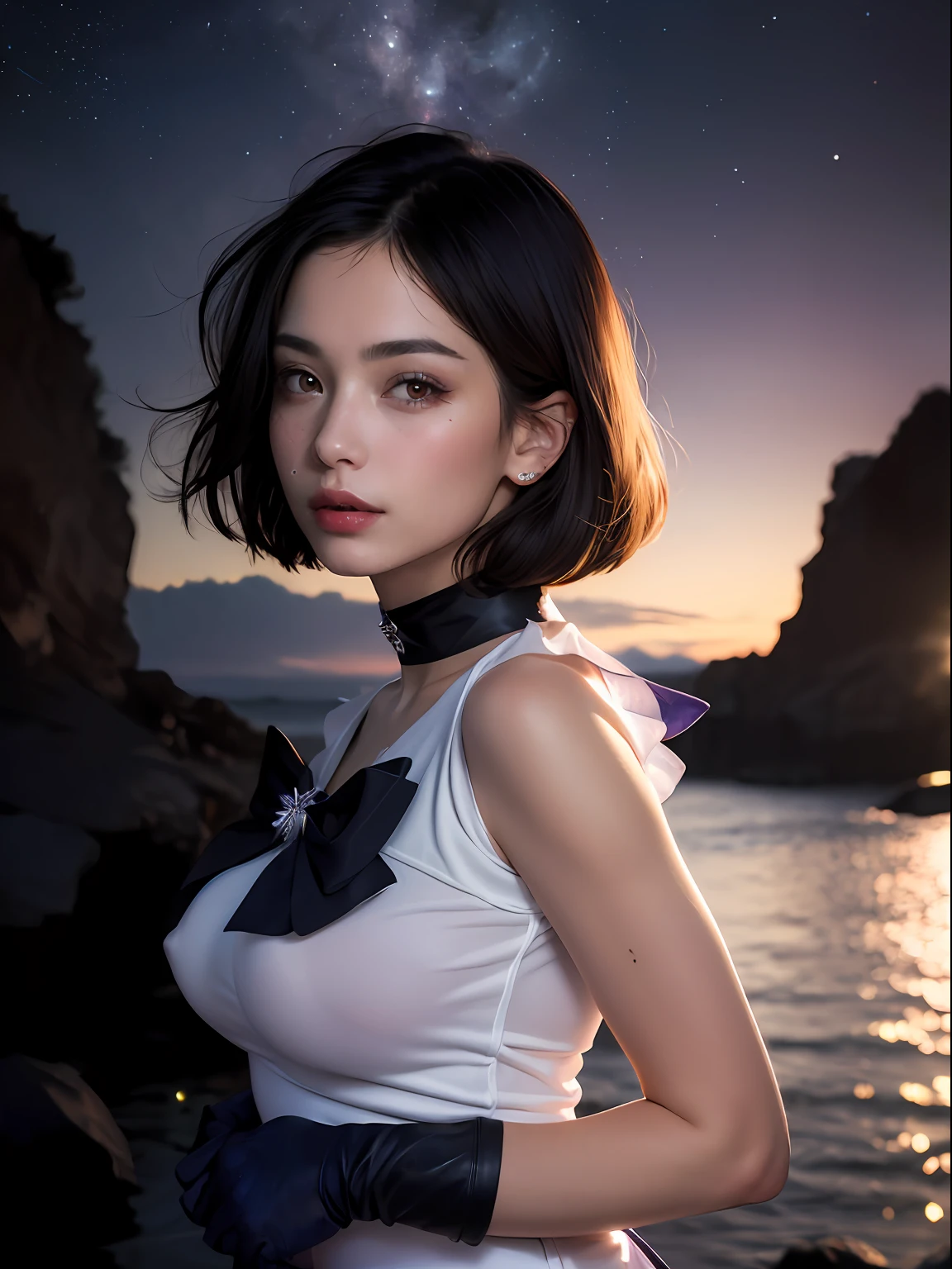 (masterpiece, best quality:1.4), (nebula background), (full body shot:1.5), (from front), 1girl, solo, (european youth:1sailor saturn, tiara, sailor senshi uniform, purple sailor collar, pleated skirt, elbow gloves, jewelry, brooch, choker, short black hair, (purple eyes:1), beautiful face, highly detailed face, highly detailed eyes, highly detailed skin, skin pores, subsurface scattering, realistic pupils, large breast, hard breast, full face blush, full lips, detailed background, depth of field, volumetric lighting, sharp focus, absurdres, realistic proportions, good anatomy, (realistic, hyperrealistic:1.4), 16k hdr,