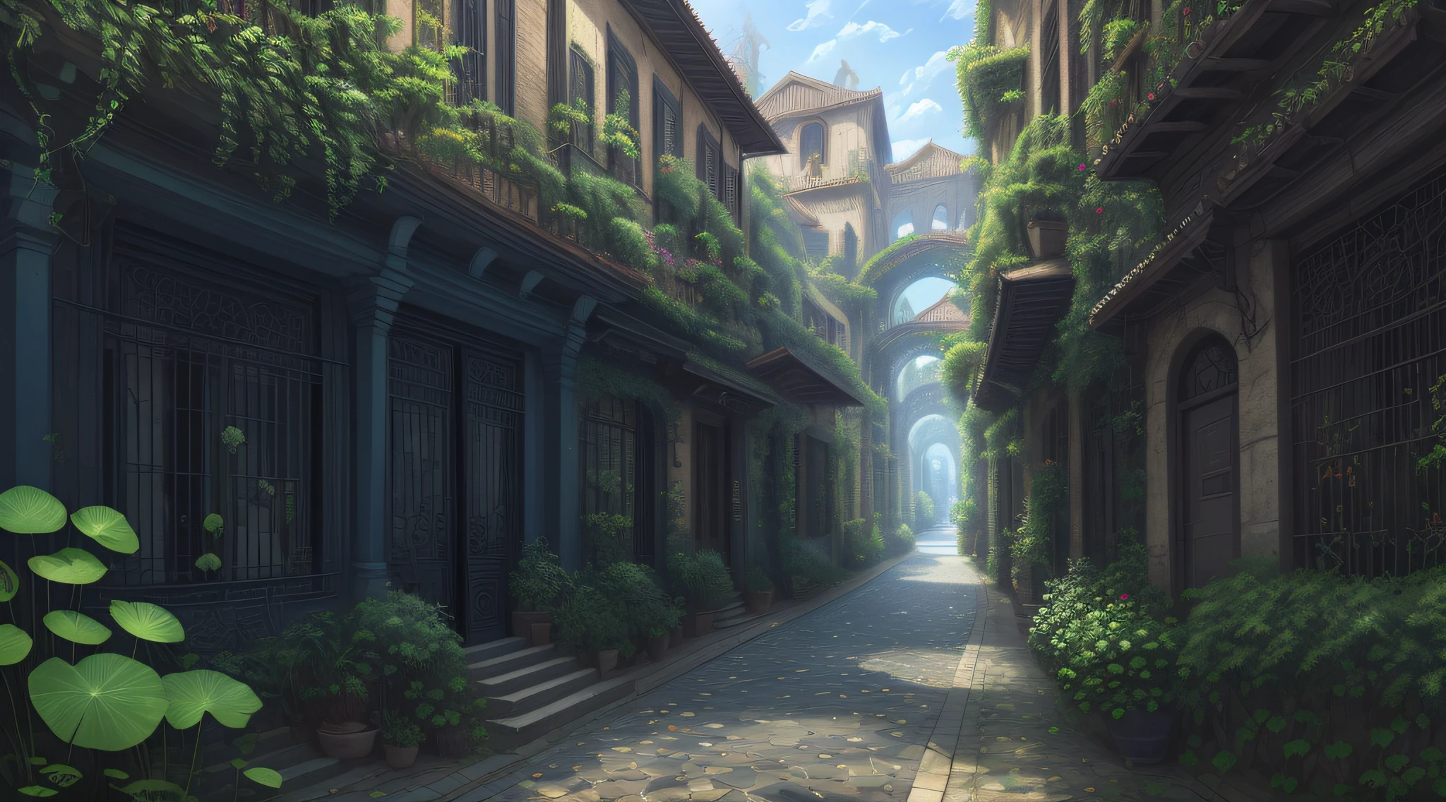 lotus flowers and leaves, (realistic), best quality, dynamic colors, swirls, architectural streets, a character portrait, blue eyes, vines, landscape, clear sky, black colors, chains connected to rings, digital painting, ultra high res,
