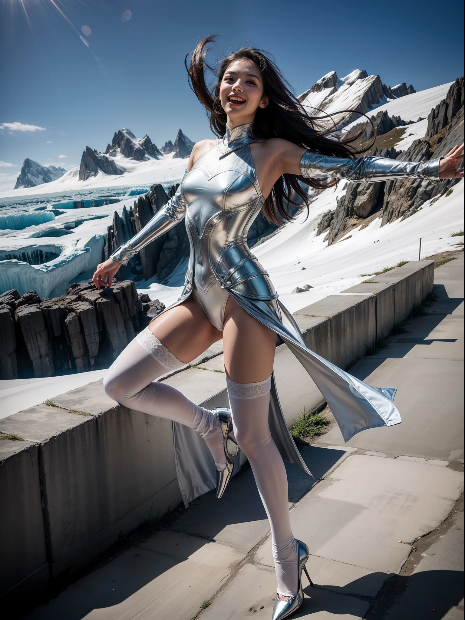 Splitting characters is prohibited,(Full body shot:1.3), Must show your face, anatomy correct, Dance on a mountaintop glacier,The breath of nature,Polished pointed-toe heels must be worn,Patterned stockings are mandatory, Keep your feet off the ground,Colorful fantasy world female knight armor, A shallow laugh, Complex and diverse backgrounds,Strangling effect,hyper HD, Ray traching, structurally correct, Award-Awarded, high detal, lightand shade contrast, Face lighting,cinmatic lighting, tmasterpiece, super detailing, high high quality, high detal, best qualityer, 16
