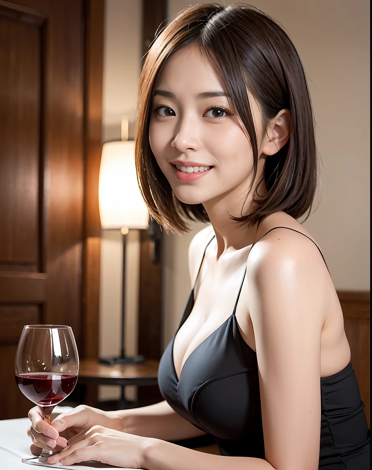 top-quality、Face Focus、softlight、(depth of fields)、超A high resolution、(realistic:1.4)、RAW Photography、(portlate:1.4)、(from side:1.2) 1Japanese woman、(39 years old)、((Have a wine glass))、独奏、The most beautiful woman、(full of shyness、a smile:1.1)、(brown-eyed)、detailed beautiful faces、(short-hair)、Hotel Restaurant、The best night view outside、(doress:1.4)、onepiece、Slim body、Fumino Kimura、Beautiful actress