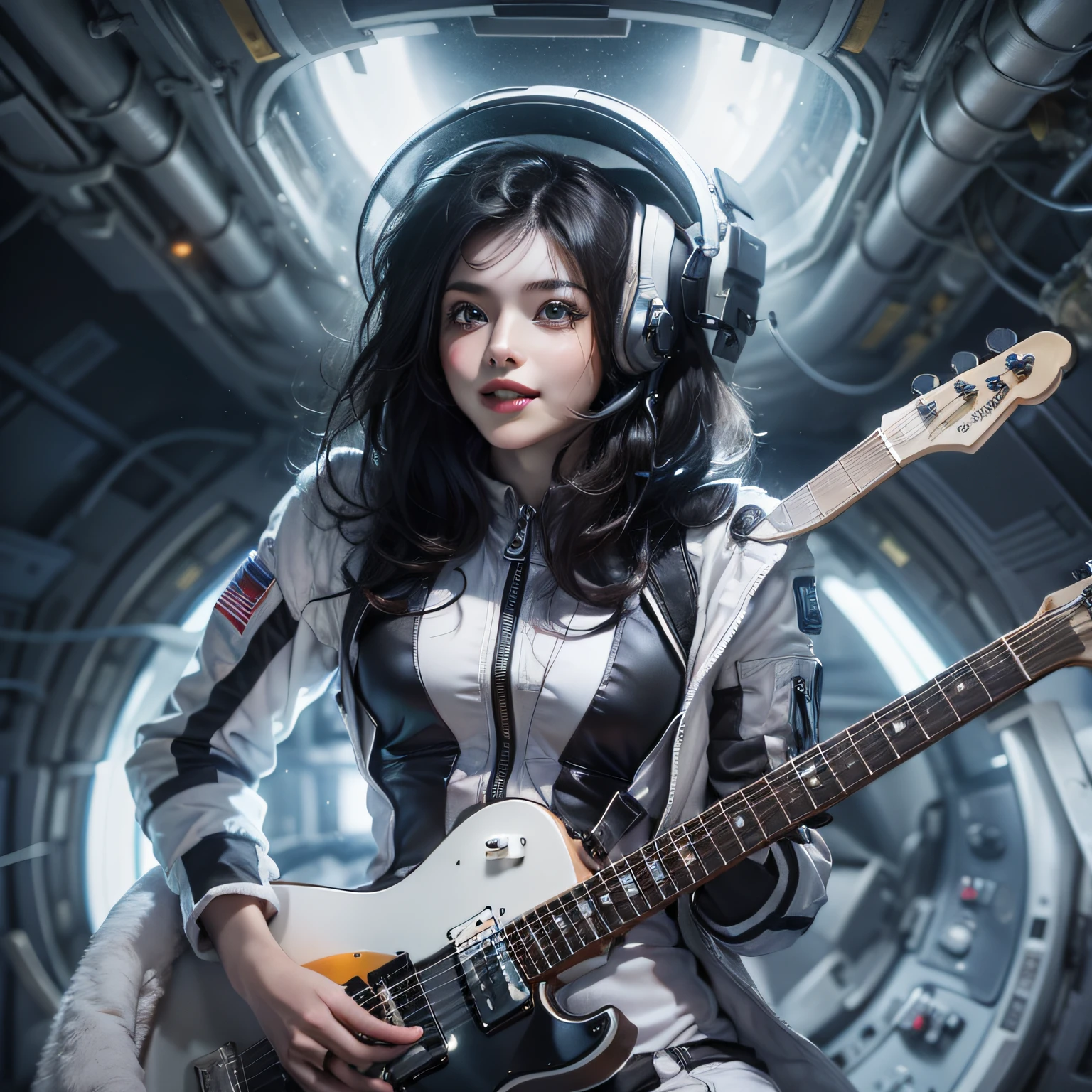 Enchanted woman happy to raise her hand Perfect beauty Beautiful white skin Beautiful eyes Lustrous lips lovely smile wink Dark hair He wears a thin spacesuit designed in white and black that sticks to his body. holding an electric guitar Functional head phone Inside the spacecraft