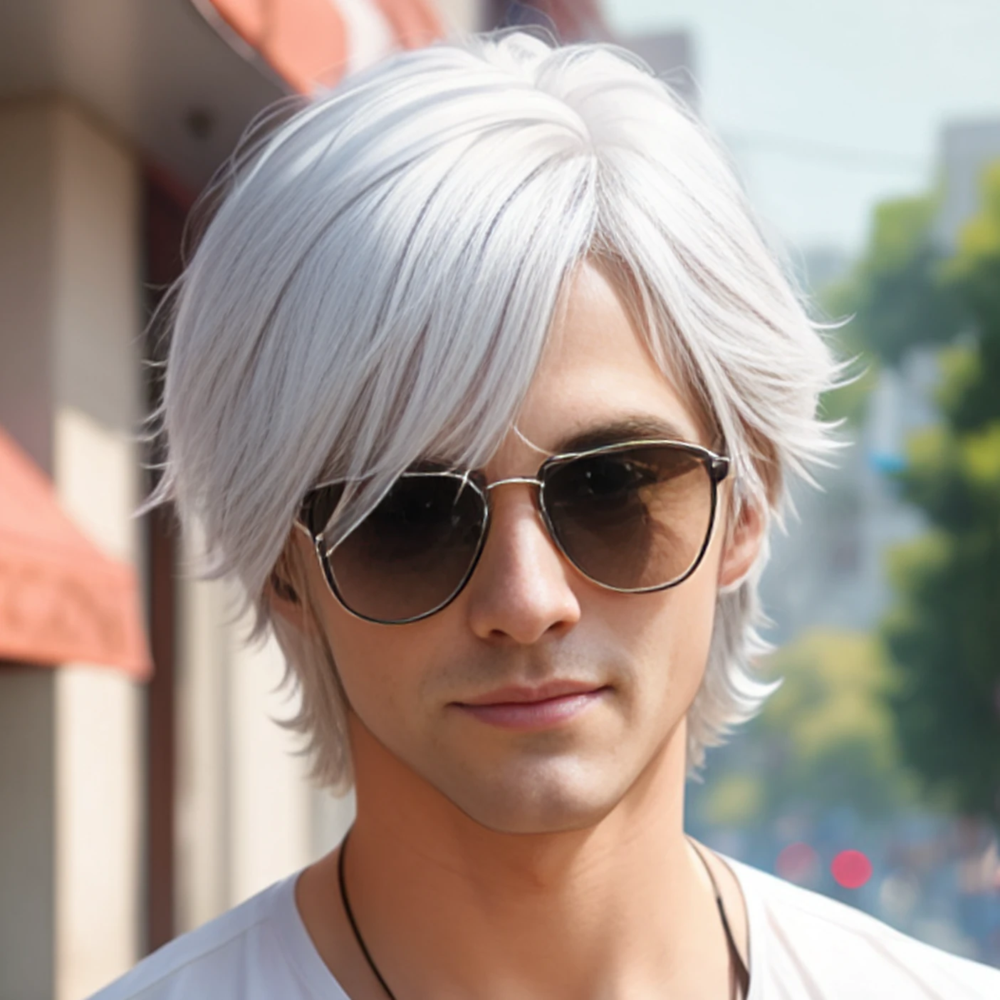 Arafine man with white hair and sunglasses on the street of the city, nffsw, white hair, White hairs, silber hair, White-haired, Male anime style, Handsome stunning realistic, White hair, cloud-like white hair, flowing white hair, White hair color, male anime characters, anime handsome guy, with long white hair, blinding white hair