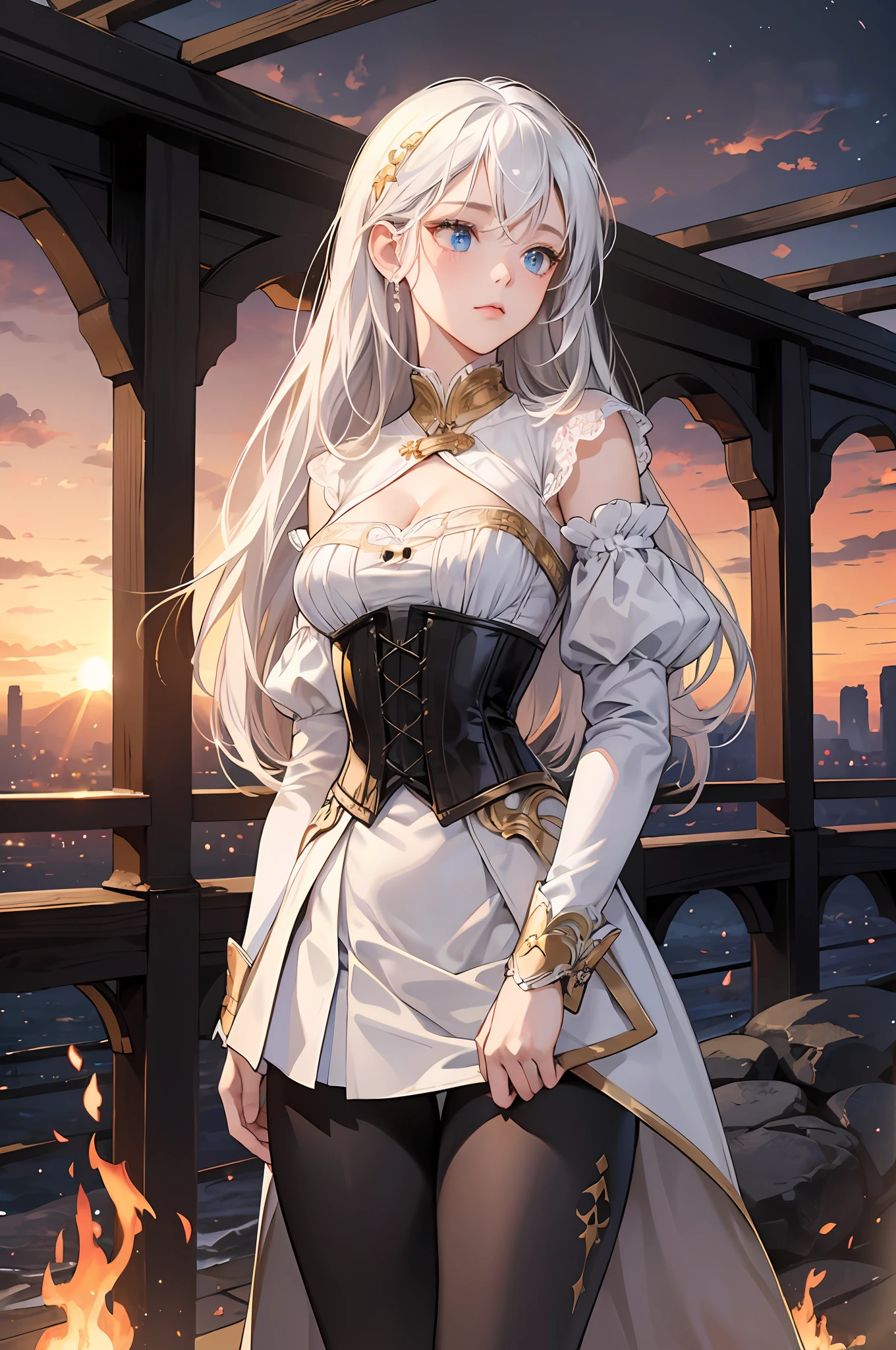 (((masterpiece))), (((best quality))), ((ultra-detailed)), (illustration), (detailed light), ((an extremely delicate and beautiful)), (beautiful detailed eyes), (sunset), 1girl, worried, standing outside, posing, white corset, white skirt, black leggings, medium breast, hip vent, perfect body, cleavage, sleeves, blue eyes, white hair, long hair, gold ribbon, gold lacing, black leggings, dark sky, burning town in background, fire, ashes, --auto