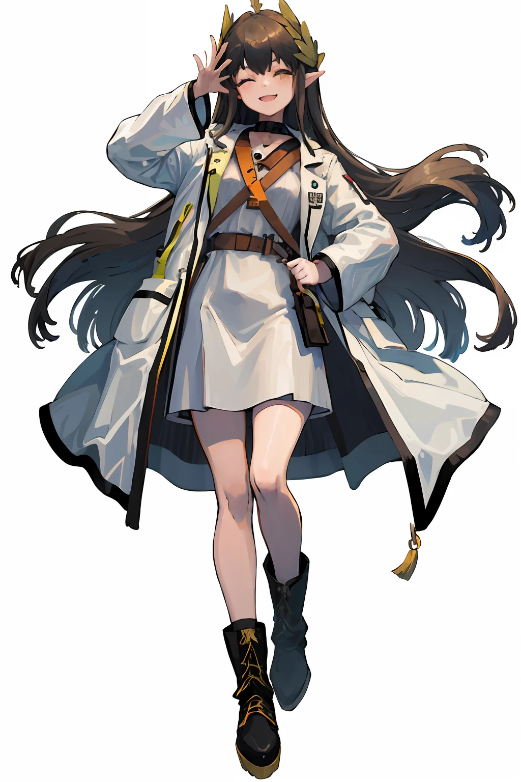 mumu, 1girl, solo, one eye closed, white background, full body, simple background, coat, skirt, long sleeves, boots, black footwear, open clothes, open coat, black skirt, looking at viewer, white coat, smile