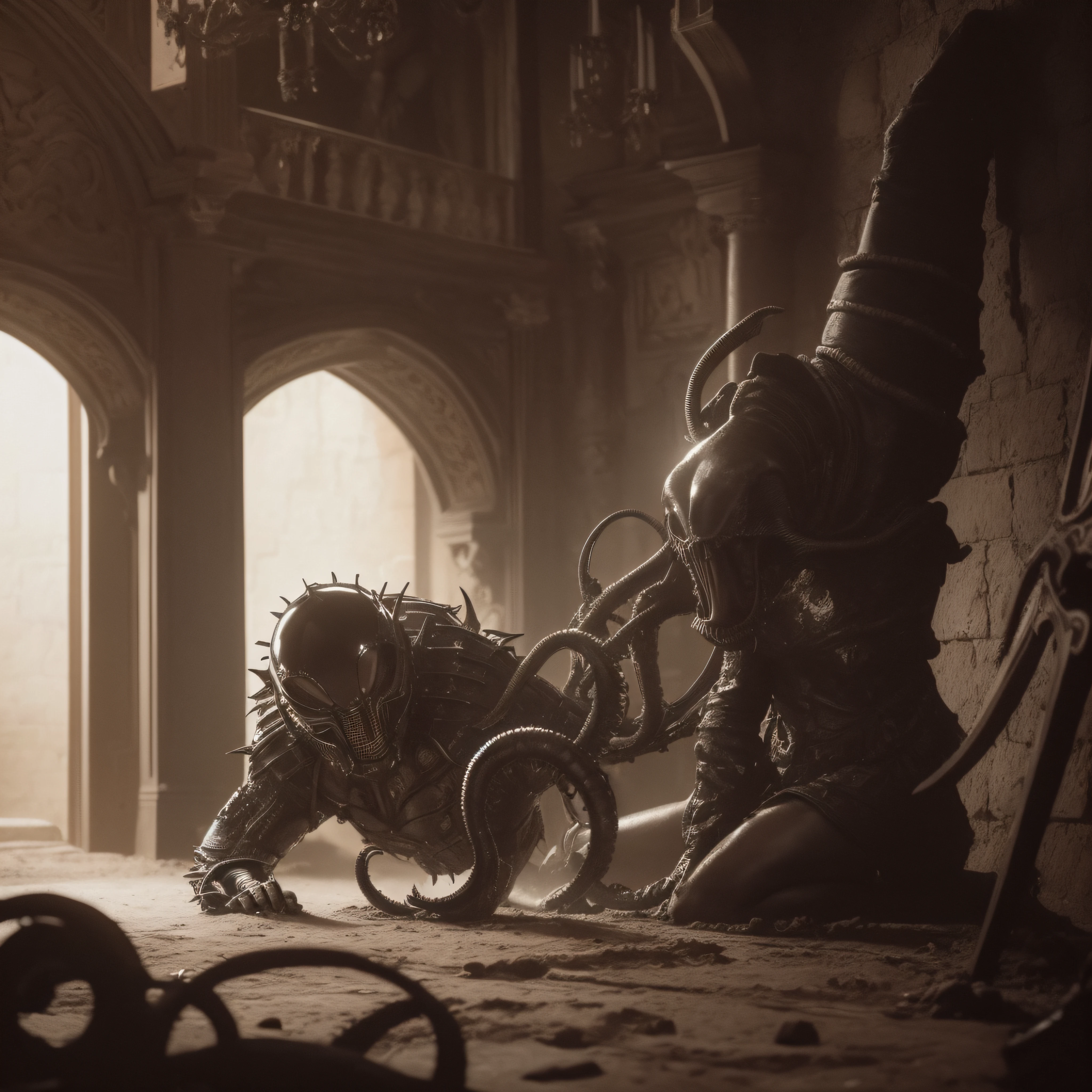 (extremadamente detallado, obra maestra, La mejor calidad), Estilo oscuro, intense illumination, rostro con arrugas, soldier, medieval armor, rusted, axe, tentacle, monstruoso, interior de una piscina de agua verdosa, imagen submarina, alien con Colmillos finos. manchas de tinta. Rococo composition. Luz de caravaggio
