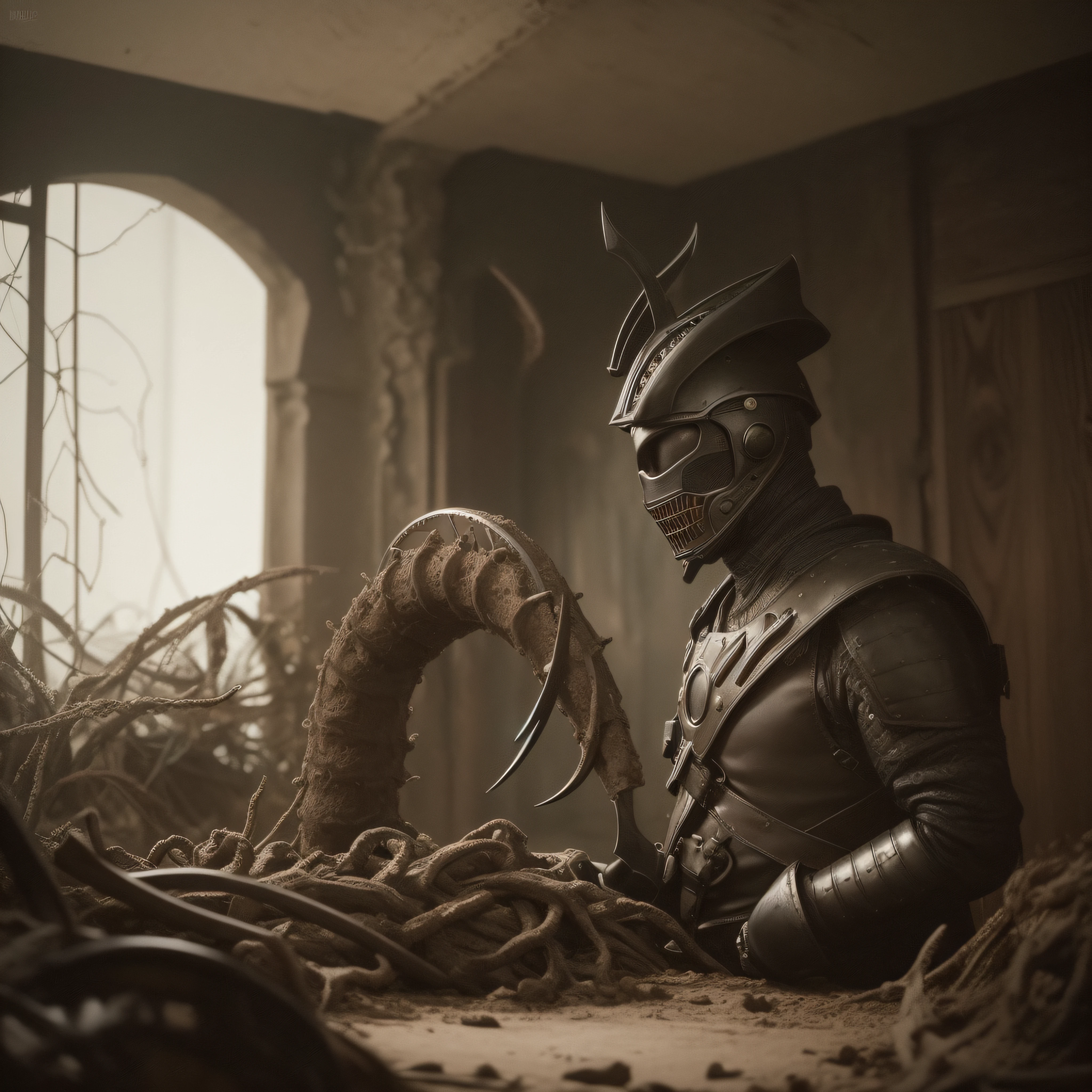 (extremadamente detallado, obra maestra, La mejor calidad), Estilo oscuro, intense illumination, rostro con arrugas, soldier, medieval armor, rusted, axe, tentacle, monstruoso, interior de una piscina de agua verdosa, imagen submarina, alien con Colmillos finos. manchas de tinta. Rococo composition. Luz de caravaggio