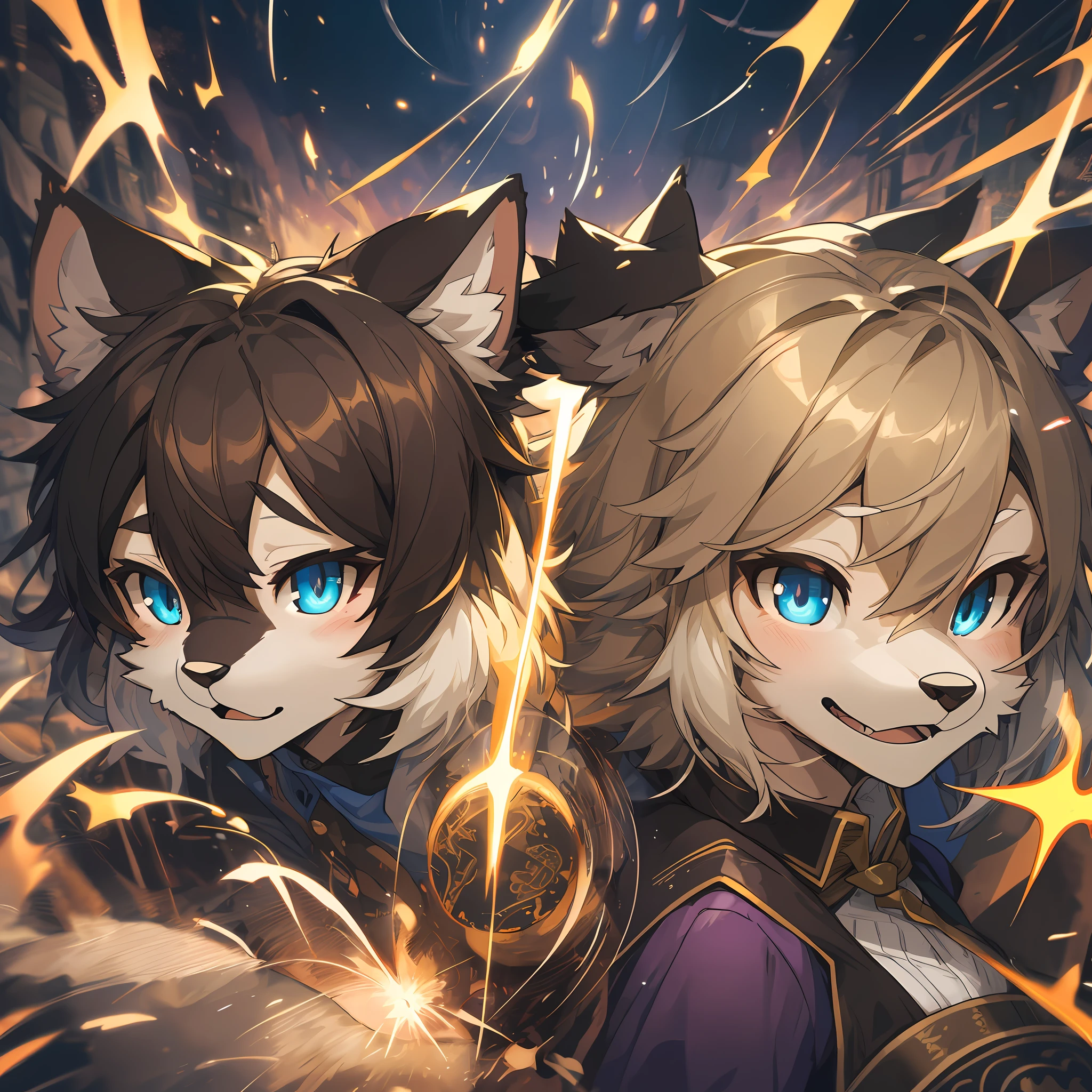 top quality, best quality, High-quality illustrations, masterpiece, super high resolution, detailed background, stage, illusion, magic, magician, 6+boys, 6+girls, absurdres(highly detailed beautiful face and eyes)perfect anatomy, expression, good lighting, cinematic shadow(kemono, furry anthro)assorted poses(sound effects, motion blur),