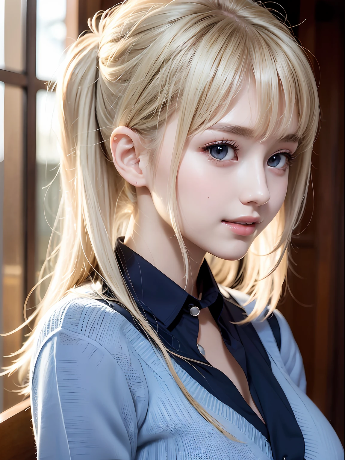 portlate、School Uniforms、bright expression、poneyTail、Young shiny shiny white shiny skin、Best Looks、Blonde reflected light、Platinum blonde hair with dazzling highlights、shiny light hair,、Super long silky straight hair、Beautiful bangs that shine、Glowing crystal clear attractive big blue eyes、Very beautiful nice cute 16 year old girl、Lush bust