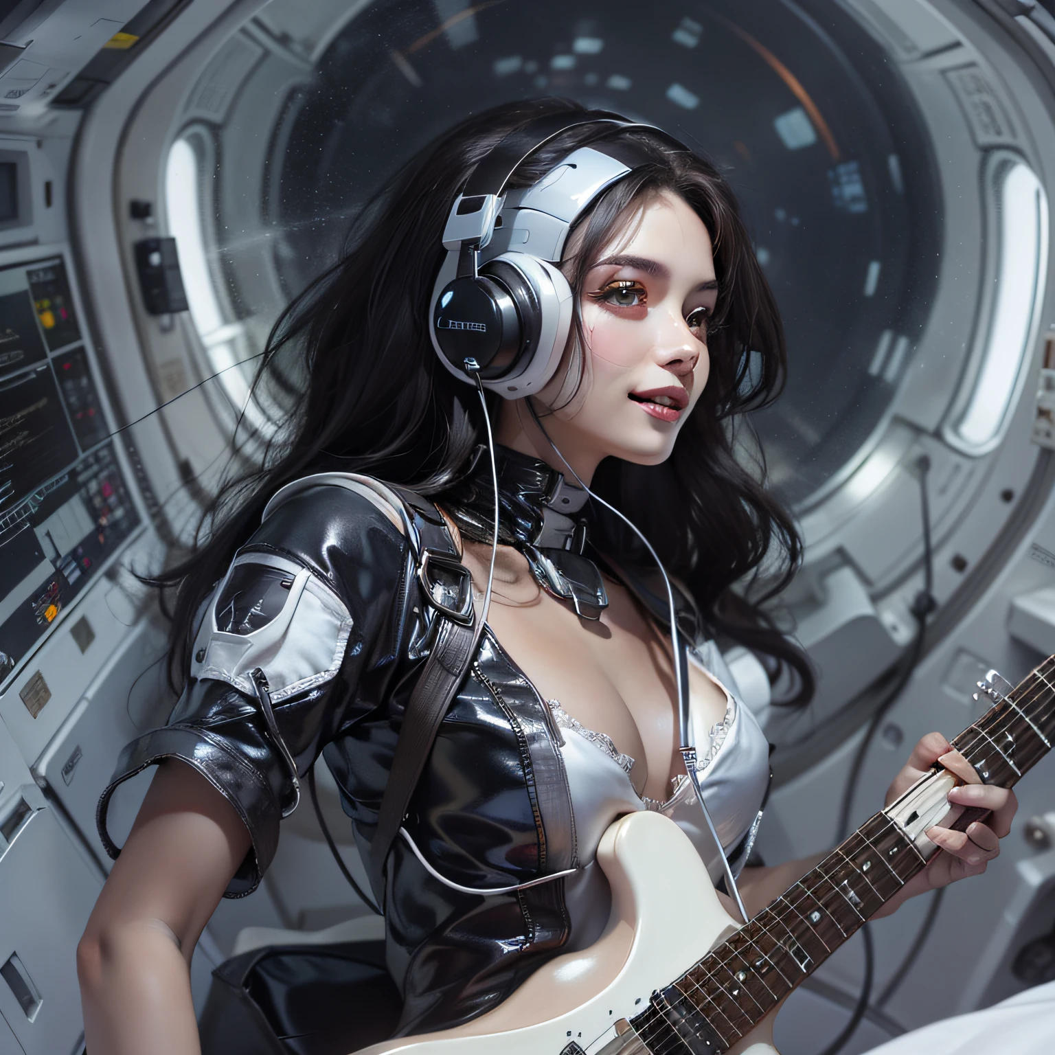 Enchanted woman happy to raise her hand Perfect beauty Beautiful white skin Beautiful eyes Lustrous lips lovely smile wink Dark hair He wears a thin spacesuit designed in white and black that sticks to his body. holding an electric guitar Functional head phone Inside the spacecraft