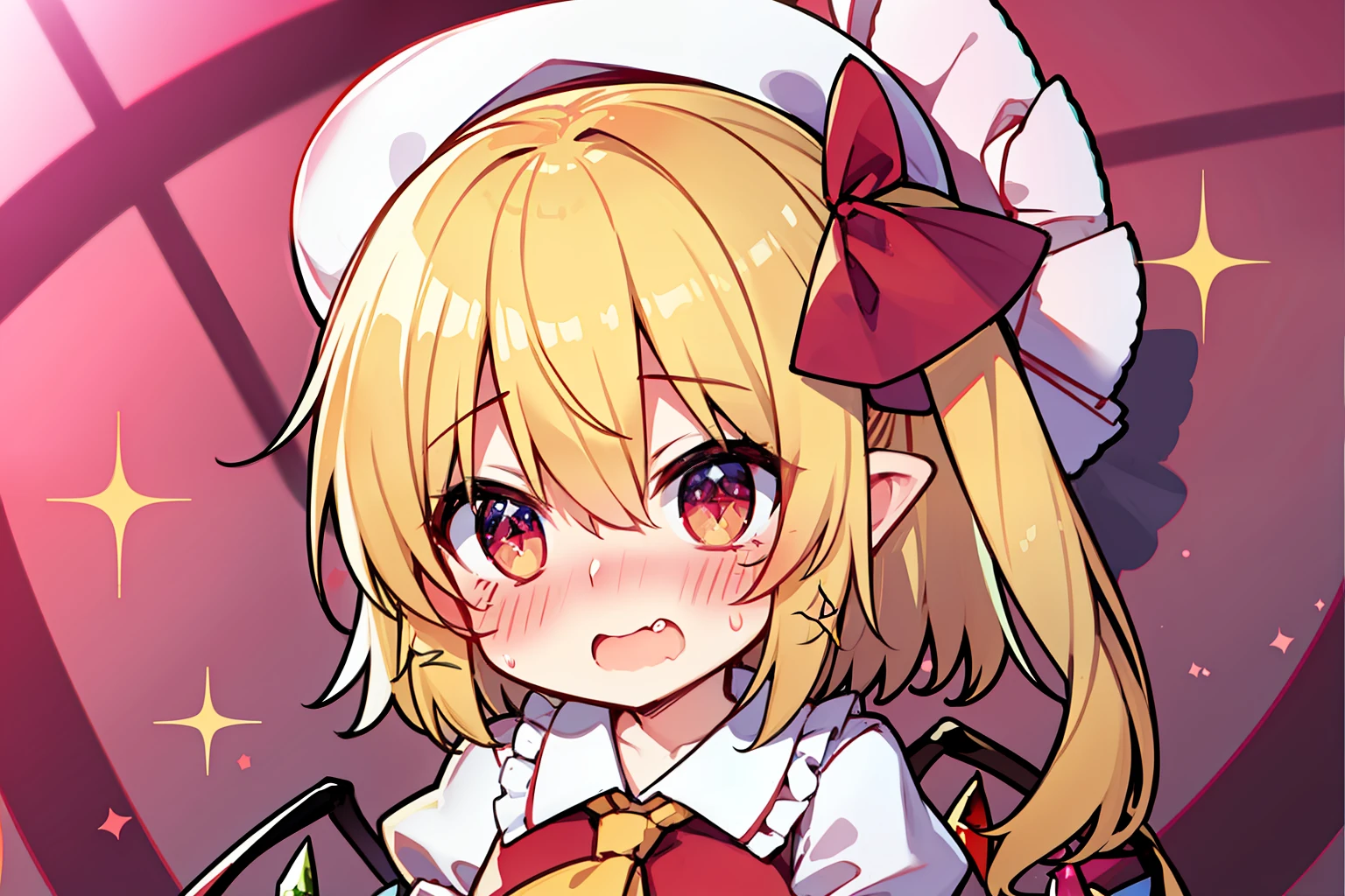 (Flandre Scarlet)、blushed face、embarrassed from、Open your mouth、is standing、sparkly eyes、(Petite)