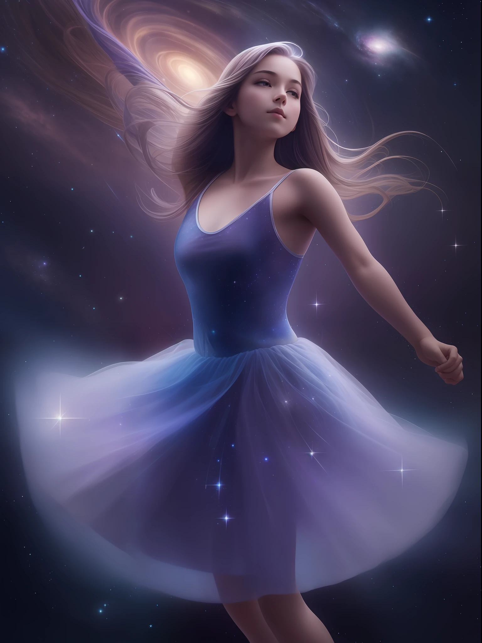 A graceful stunning girl dancing ballet in the galaxy, depicted with a blue and purple-hued backdrop of a galaxy. The girl is wearing a classic white tutu and pointe shoes, striking a pose of a pirouette while spinning on one foot. Her hair is styled in an elaborate updo adorned with twinkling stars. Surrounding her in the galaxy are glowing constellations of stars. The image is captured using a high-resolution camera model, ensuring exceptional photo quality. The composition emphasizes the girl's elegance and the celestial elements surrounding her. The perspective captures the girl's graceful movements and showcases the vastness of the galaxy. The lighting is soft and ethereal, illuminating the girl and the galaxy backdrop. The depth of field is shallow, keeping the focus on the girl and blurring the galaxy slightly in the background. The shutter speed is adjusted to freeze the girl's movement while maintaining the overall dreamy atmosphere. The prompt generates a photograph that perfectly captures the beauty and enchantment of a graceful girl dancing ballet amidst the wonders of the galaxy.