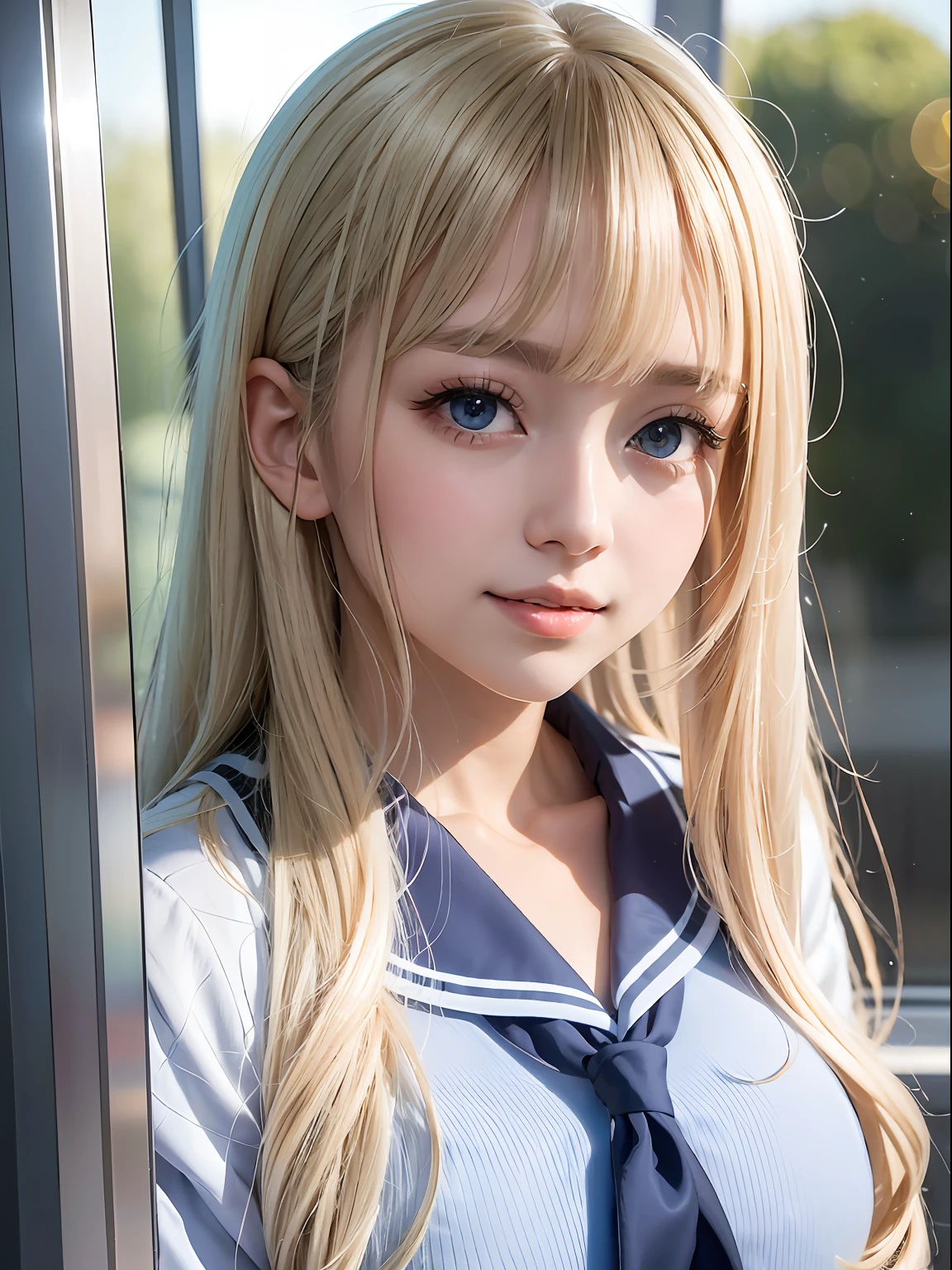 portlate、School Uniforms、bright expression、poneyTail、Young shiny shiny white shiny skin、Best Looks、Blonde reflected light、Platinum blonde hair with dazzling highlights、shiny light hair,、Super long silky straight hair、Beautiful bangs that shine、Glowing crystal clear attractive big blue eyes、Very beautiful nice cute girl、Lush bust,Raise both arms,(Aside)