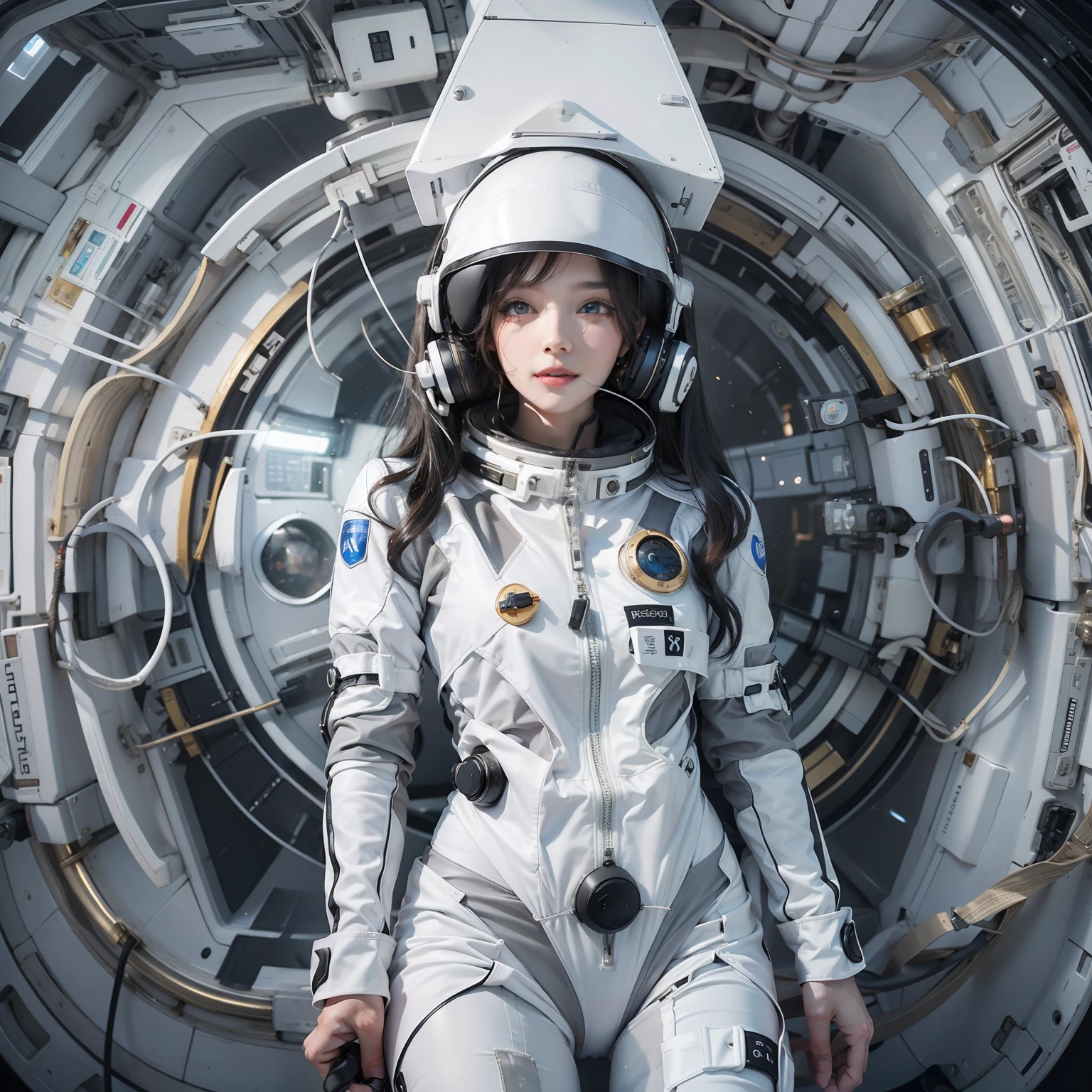 Enchanted woman happy to raise her hand Perfect beauty Beautiful white skin Beautiful eyes Lustrous lips lovely smile wink Dark hair He wears a thin spacesuit designed in white and black that sticks to his body. Functional head phone Inside the spacecraft