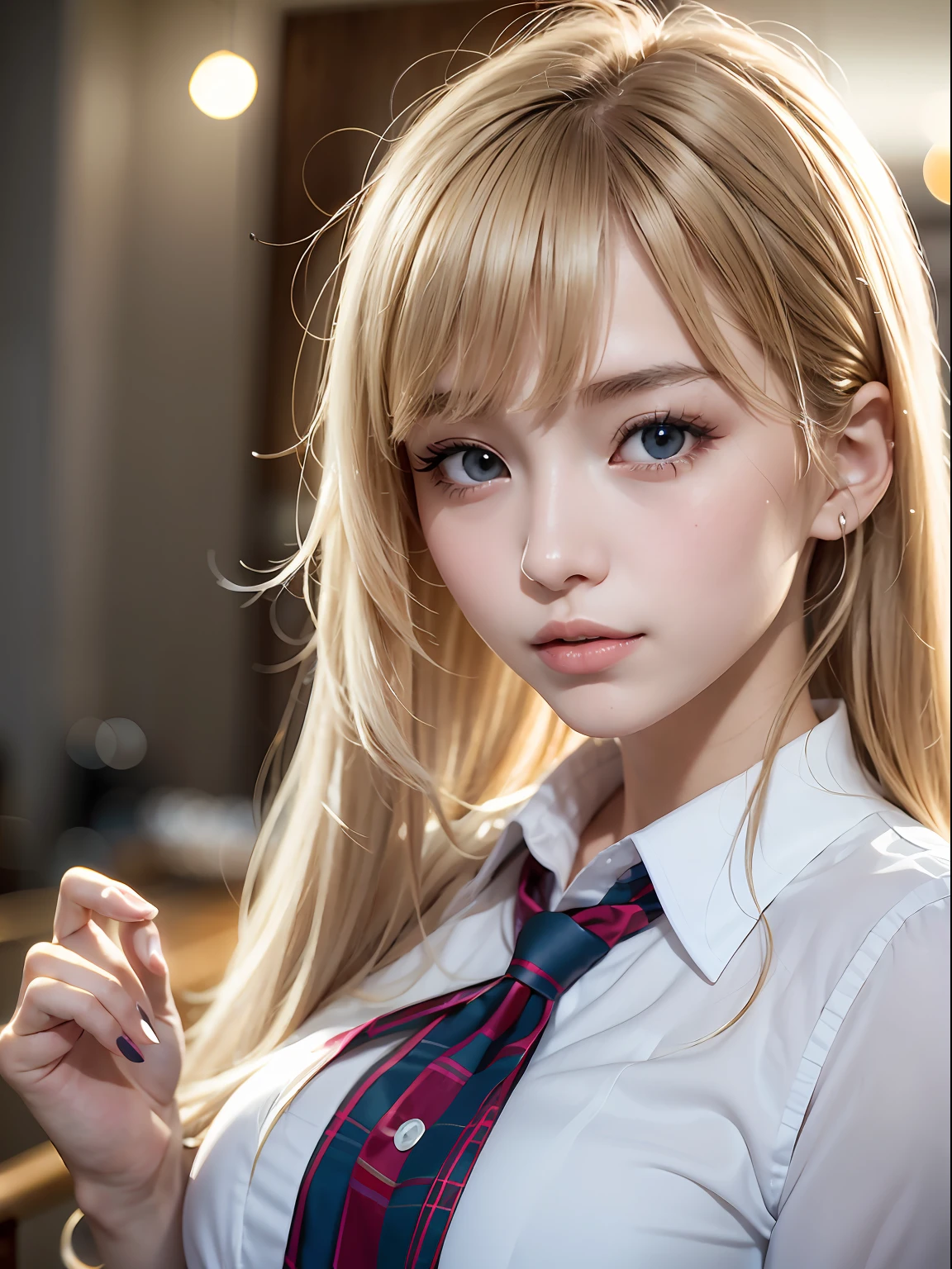 portlate、School Uniforms、bright expression、poneyTail、Young shiny shiny white shiny skin、Best Looks、Blonde reflected light、Platinum blonde hair with dazzling highlights、shiny light hair,、Super long silky straight hair、Beautiful bangs that shine、Glowing crystal clear attractive big blue eyes、Very beautiful nice cute 16 year old girl、Lush bust,Raise both arms,(Aside)
