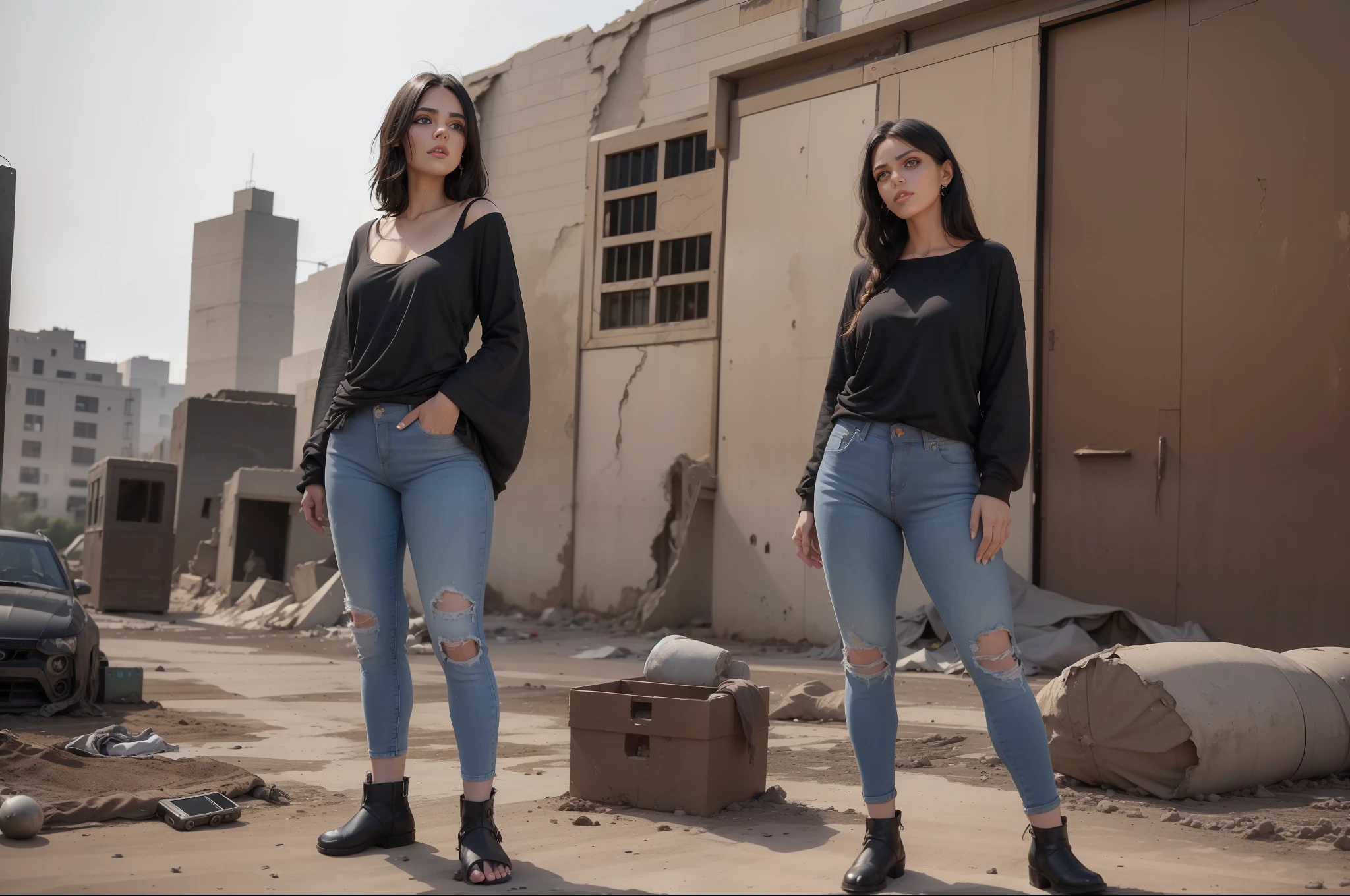 Stunning middle eastern beautiful girl standing, wearing black round neck plain Tee-shirt, baggy full length, with tight jeans, ankle boots, black hair's, beautiful detailed black eyes, whitened skin, highly detailed face, masterpiece, absurdres, high quality, realistic, muddy colors, vintage photograph,
abandoned city, crumbling buildings, broken glass, broken doors, car parts, broken vehicles, natural disaster, mud,
1boy, homeless, ripped clothing, shirt, pants, beard, perfect face,
20 megapixel, detailed, movie grain