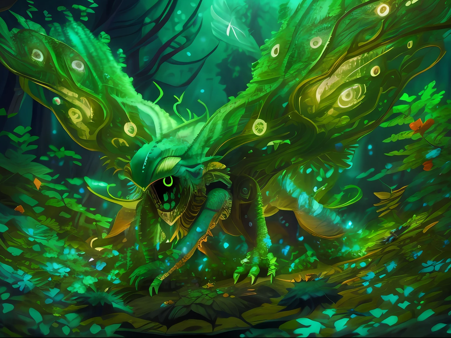 Dremley Carter, Photos of the creatures, 3D magic flying monster，Magic - Fantasy - Forest, Digital art, The most stunning artwork in the world, ((No Man)),volumettic light, Soft and balanced colors, forest scenery,  hyper HD, 8k 辛烷值渲染, magical, Amazing, Ethereal,  intricatedesign，3D magic monsters and magic rays，Glowing eyes，ultrasharp, Shadows, The color is cooler