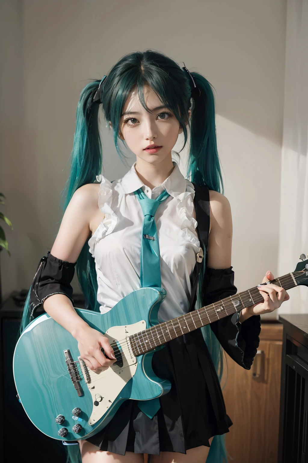 hatsunemiku, 1girl, hatsune miku, solo, long hair, instrument, guitar, thighhighs, , twintails, aqua hair, detached sleeves, electric guitar, very long hair, breasts, , aqua eyes, amplifier, realistic, necktie, medium breasts, lips