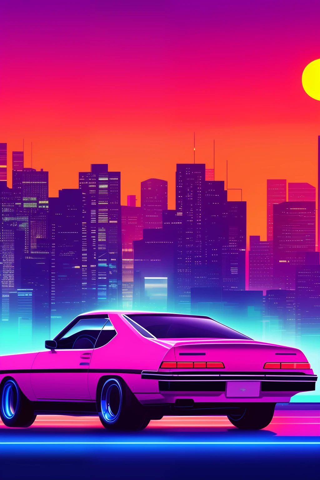 There is a car that is parked on the street with a city in the background, electronics, retro neon, retrowave art, retrofuturism
