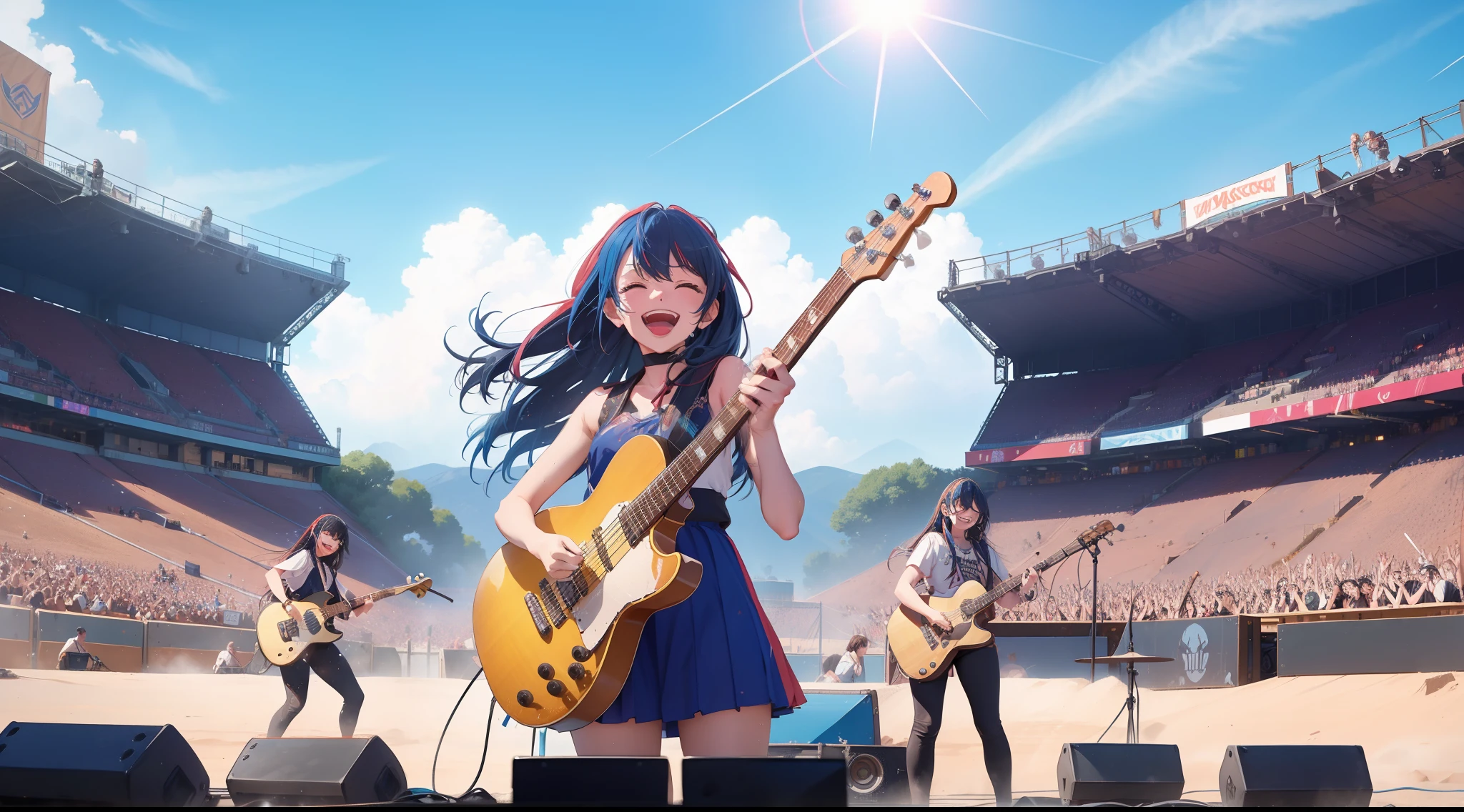 Performance in the midsummer desert、Clear blue sky、Performances by female rock bands、Splattering sweat、Lively performances、Perspective angle of view from below、Violent shouts、A big smile、Band drums, Vocal, Guitar Bass,Configured with keyboard、No male