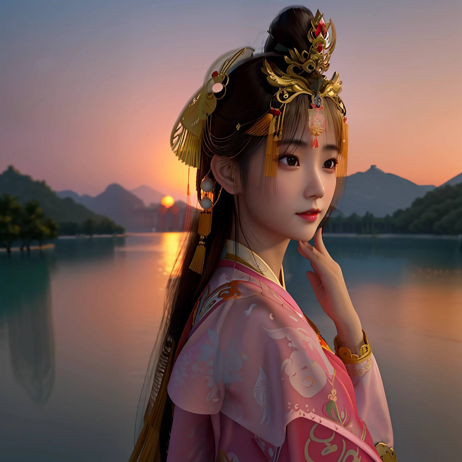 Asian woman in traditional dress standing by the lake at sunset, Palace , A girl in Hanfu, Princesa chinesa antiga, Beautiful rendering of the Tang Dynasty, Guviz-style artwork, China Princess, Beautiful digital artwork, a beautiful fantasy empress, Cinematic. , Wearing ancient Chinese clothes, Chinese girl, ancient asian dynasty princess, 3 d anime realistic
