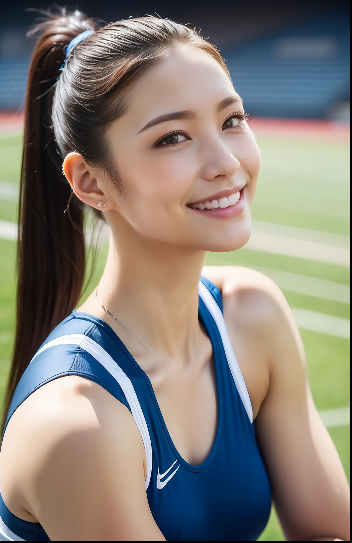 (((full bodyesbian)))、japanese beauty girl、((short ponytail))、Perfect style、track and field uniform、beauty legs、kawaii、((Track & Field Athletes Women))、(((1人)))、((stadium))、Transcendent cute、A slight smil、Beautiful breasts、full bodyesbian、athletic field、((Outstanding style))、((Healthy body))、 Photorealsitic、Beautiful detailed eyes、Hyper-Realism、highcontrast、Ultra HD、realistic skin textures、Top image quality、top-quality、超A high resolution、Fine details、Very meticulously