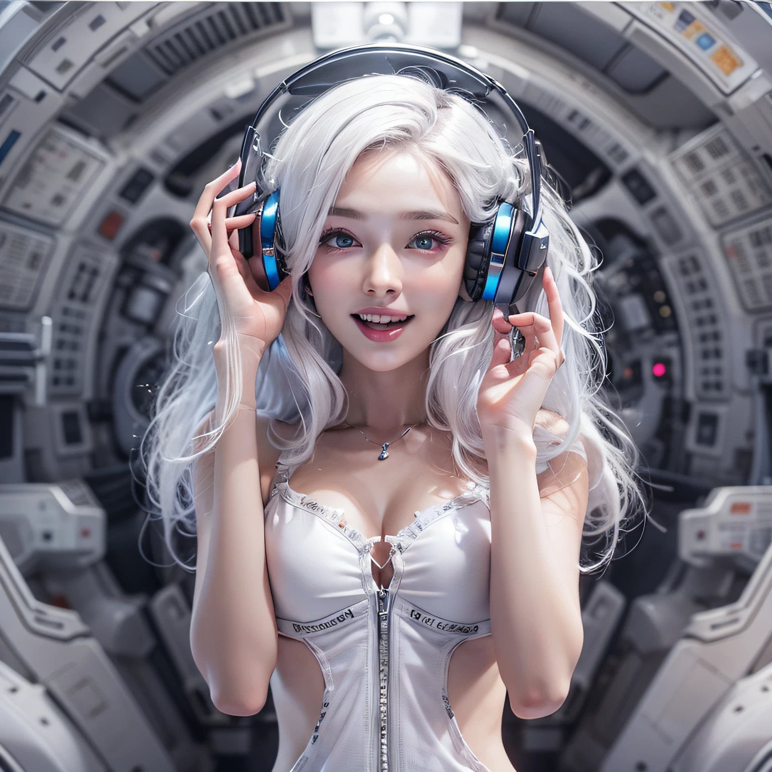 Enchanted woman happy to raise her hand Perfect beauty Beautiful white skin Beautiful eyes Lustrous lips lovely smile wink White hair Bikini Functional head phone Inside the spacecraft