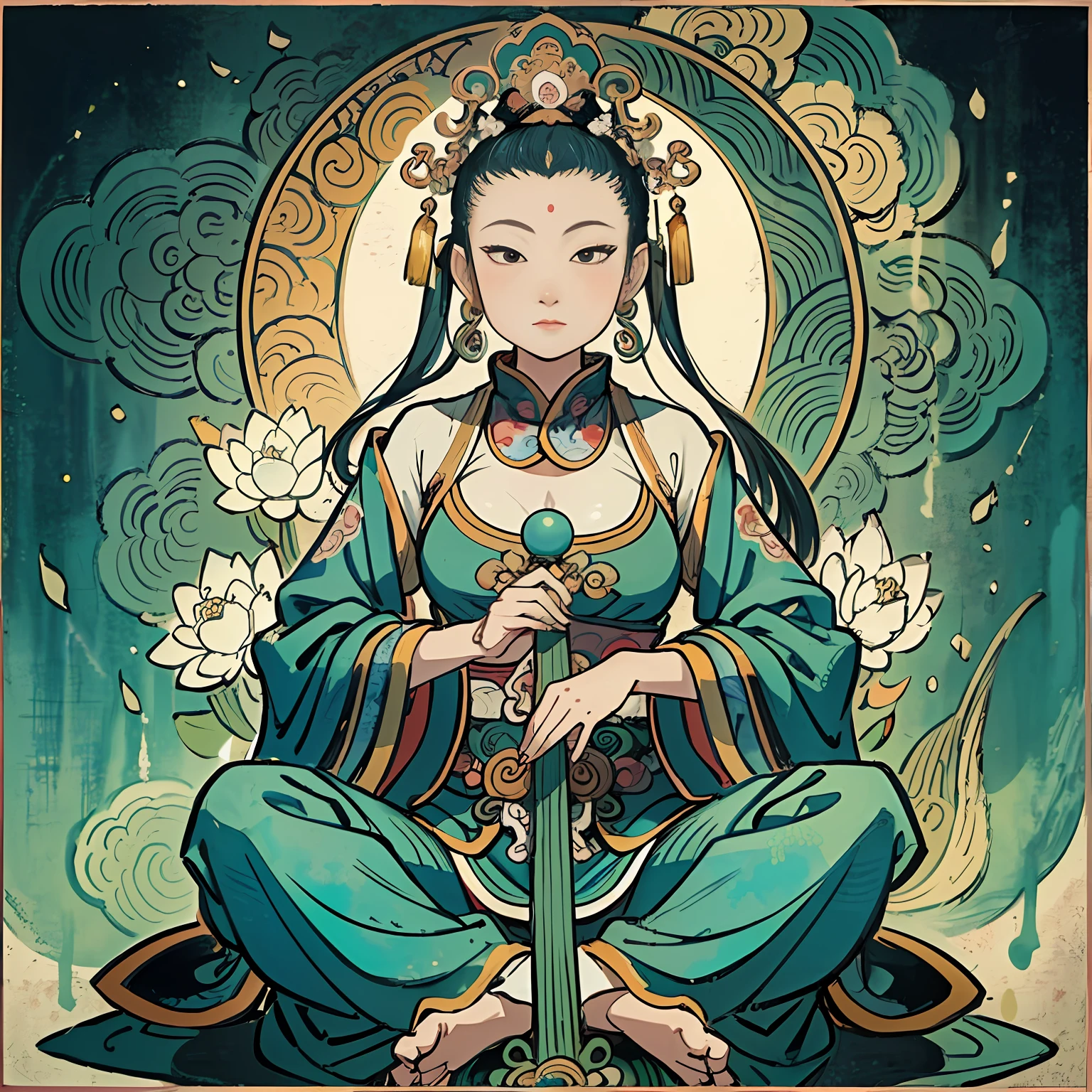 Woman sitting on a lotus,guanyin of the southern seas,Guanyin,contented female bodhisattva,jade sculpture,bodhisattva,queen of the sea mu yanling,serene,Serene expression,shui mo hua,Buddha,Buddhist,Lotus,Chinese painting style,Thangka style