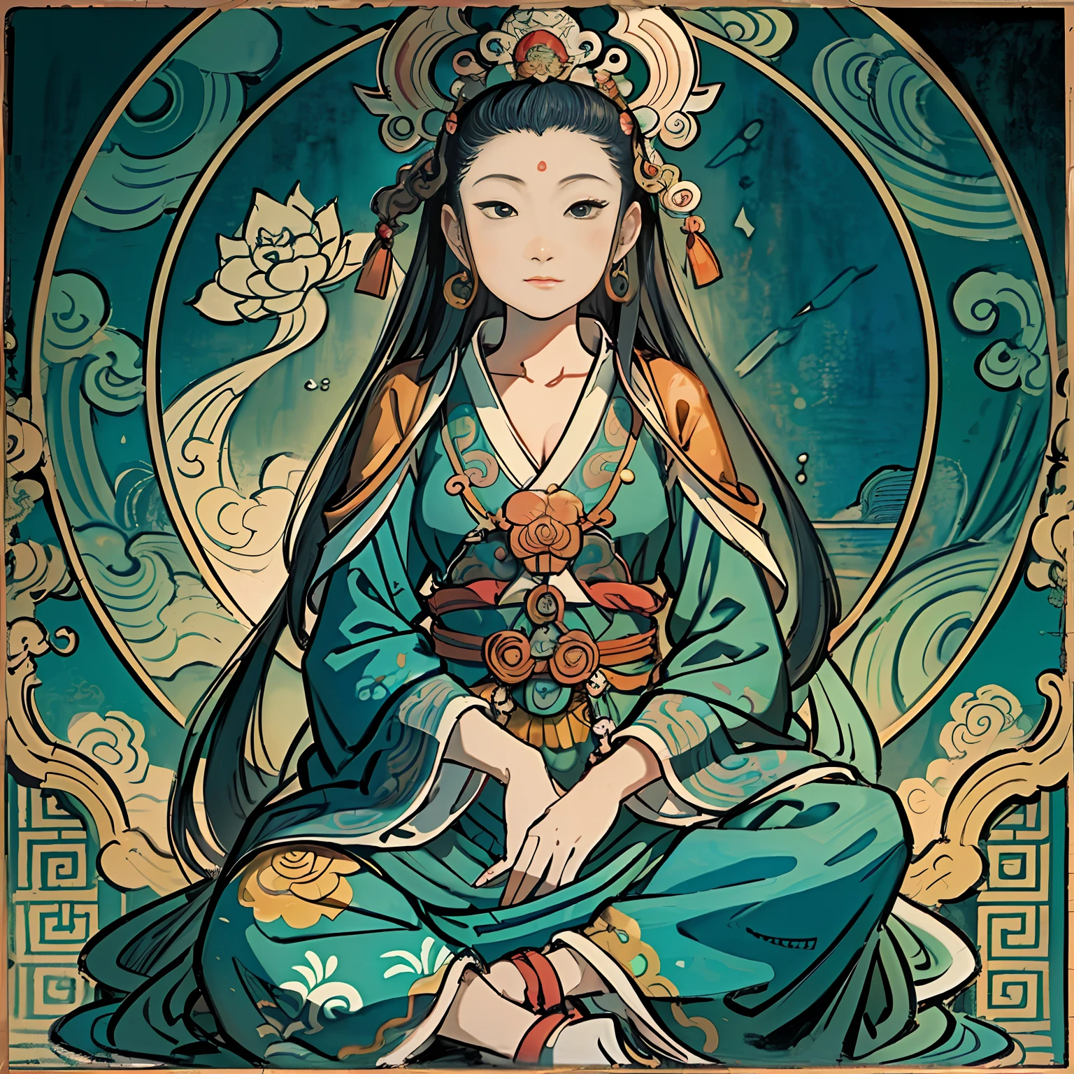 Woman sitting on a lotus,guanyin of the southern seas,Guanyin,contented female bodhisattva,jade sculpture,bodhisattva,queen of the sea mu yanling,serene,Serene expression,shui mo hua,Buddha,Buddhist,Lotus,Chinese painting style,Thangka style