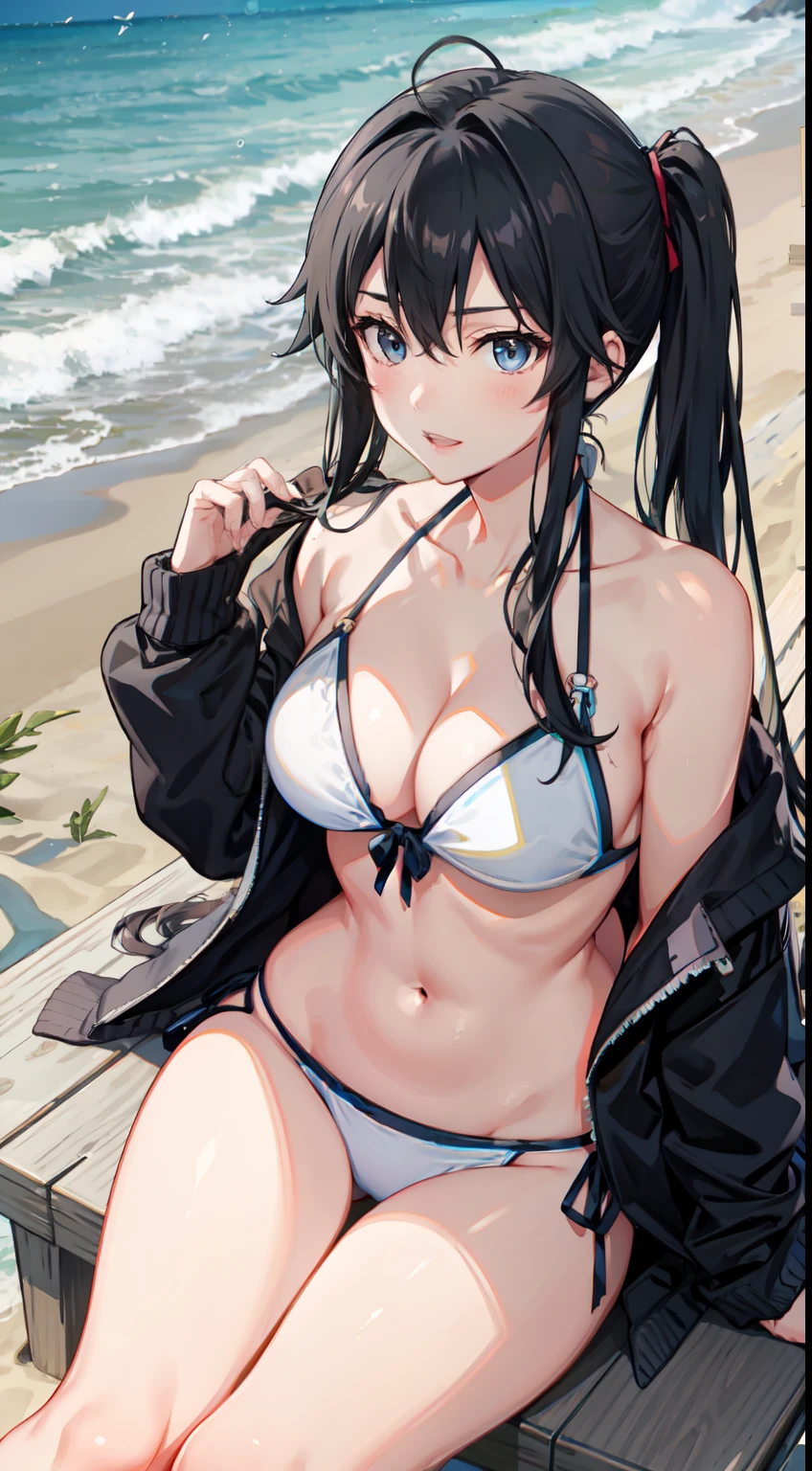 Yukino yukinoshita, long hair, cleavage, navel, slim legs, black hair, blue eyes, white side tie bikini, beach, cardigan, body, happy