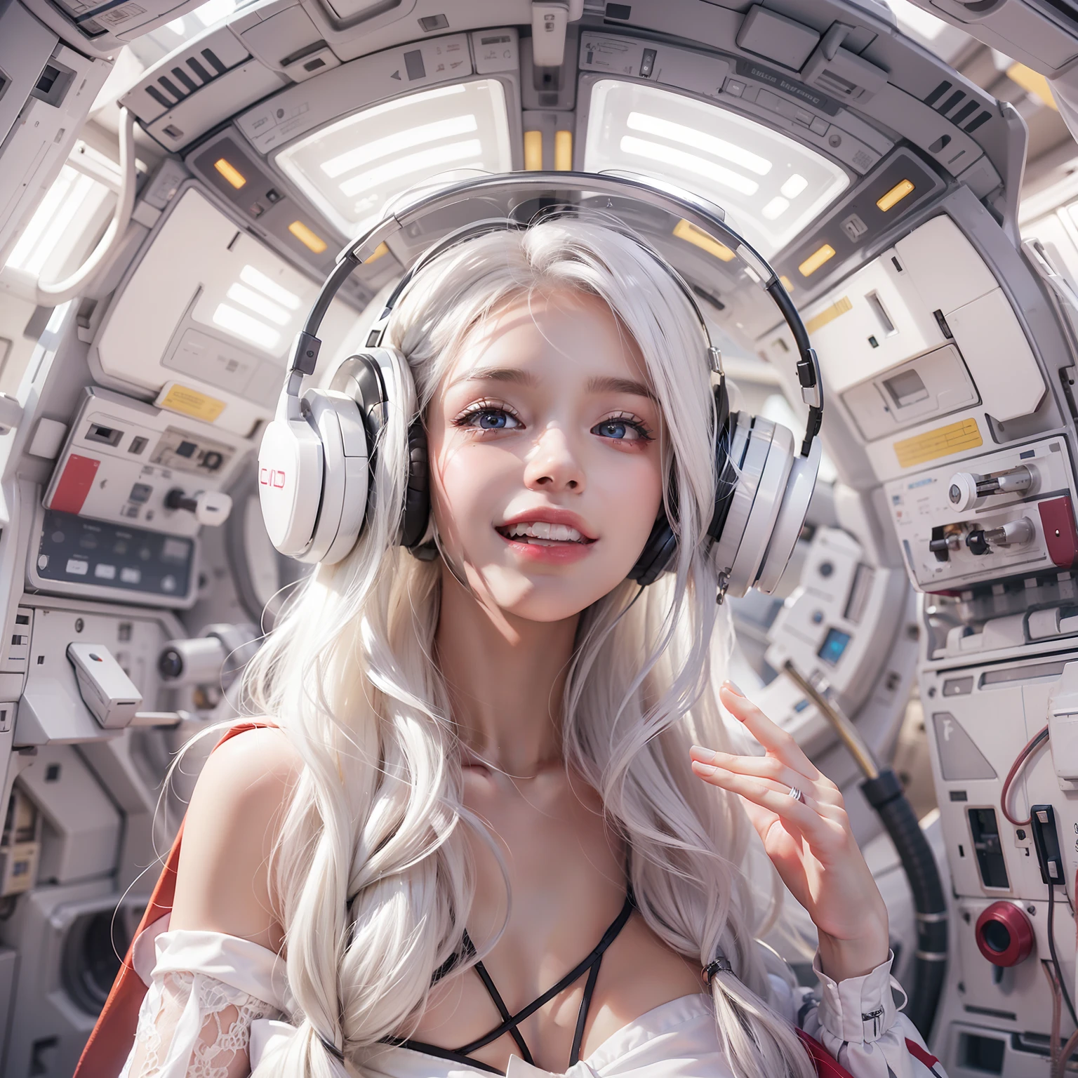 Enchanted woman happy to raise her hand Perfect beauty Beautiful white skin Beautiful eyes Lustrous lips lovely smile wink White hair Bikini Functional head phone Inside the spacecraft