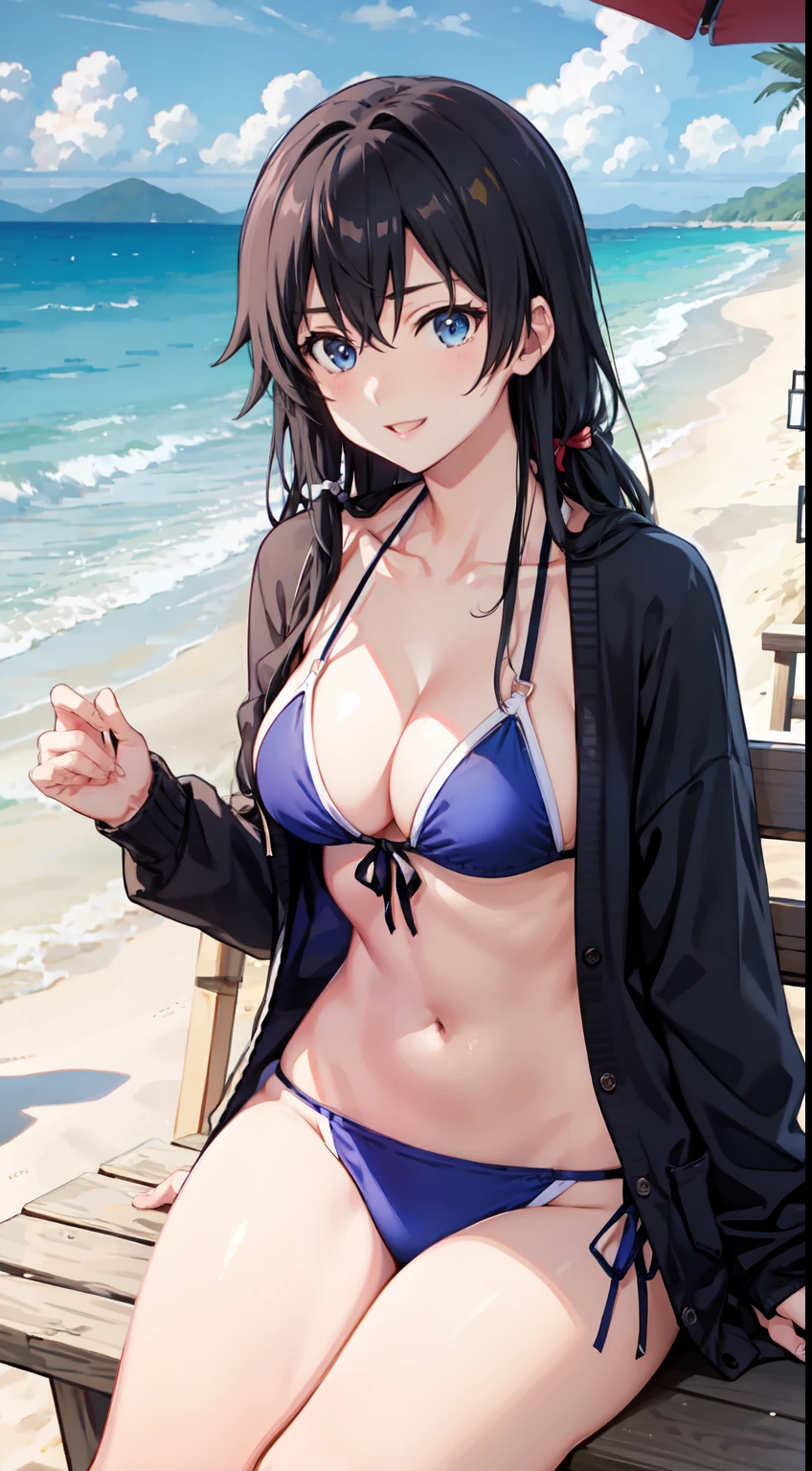 Yukino yukinoshita, long hair, cleavage, navel, slim legs, black hair, blue eyes, white side tie bikini, beach, cardigan, teen body, happy