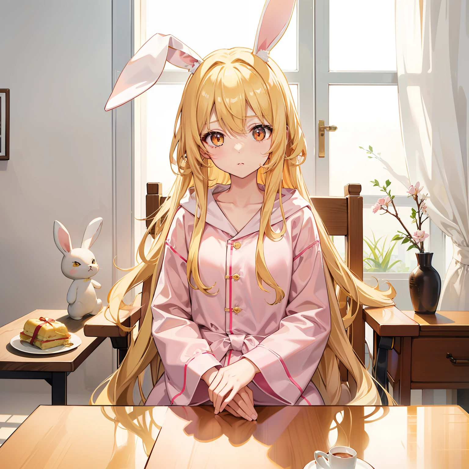 超高分辨率，super high image quality，Long pale yellow hair to the waist，Golden eyes，Wearing pink bunny hooded pajamas，Sleepy look，I feel like I can't open my eyes，face expressionless，Sit in a chair at the table