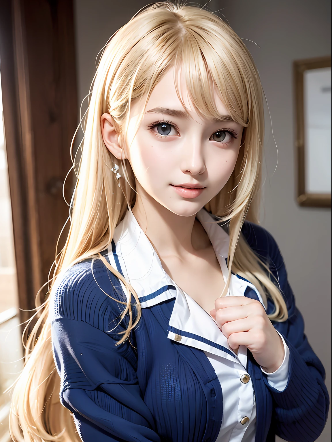portlate、School Uniforms、bright expression、poneyTail、Young shiny shiny white shiny skin、Best Looks、Blonde reflected light、Platinum blonde hair with dazzling highlights、shiny light hair,、Super long silky straight hair、Beautiful bangs that shine、Glowing crystal clear attractive big blue eyes、Very beautiful nice cute 16 year old girl、Lush bust,Raise both arms,(Aside)