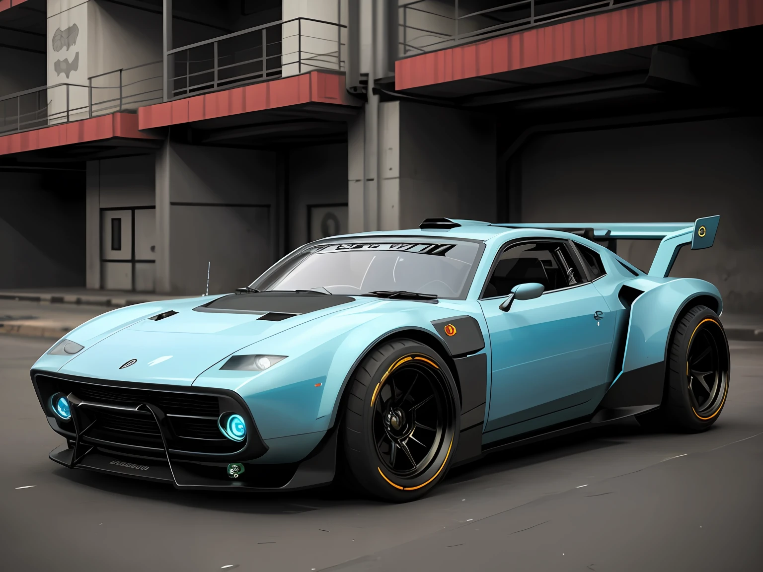 a 3/4 front view of ((futuristic cyberpunk hotrod zeekars)) (with glowing tires), at the parking lot,