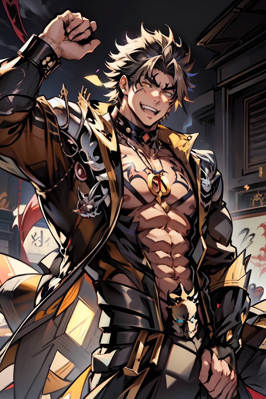 《the original god》Arataki Kazuto , male people,,((Masterpiece)), ((Best quality)), Ultra detailed,((illustration)), Dynamic Angle, Detailed light, (Delicate eyes), Floating, 1boy, Male focus, Head, Clothing, Yellow eyes, necklace, tattoo, (Forehead:0.8), (ahoge:0.8), jewelry, apathy,Ray, chest muscle, Sexy , Venom symbiote for your body, Black mucus of the body , (into venom), Venom,frontage,style of anime4 K, 4K anime wallpaper, Badass anime 8 K, 4 k comic wallpaper, young anime man, Anime boys, Anime wallpapers 4 k, Anime wallpaper 4K, High quality anime art style, Anime moe art style, Anime art wallpaper 8 K, Anime art wallpaper 4 K, RGB lighting