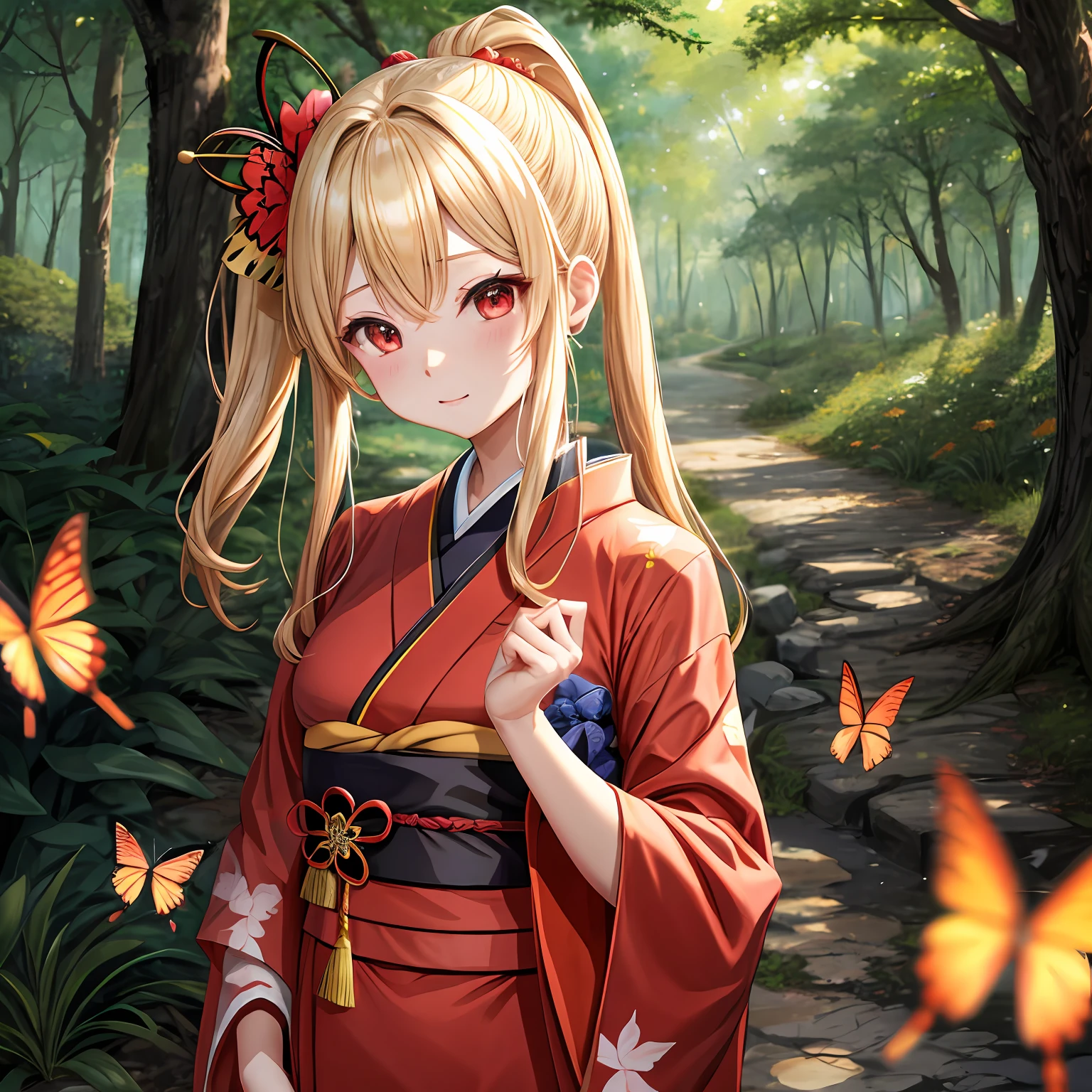 a blond、Hair is up、red eyes、One pretty girl、独奏、animesque、dark colored kimono、in woods、butterflys々