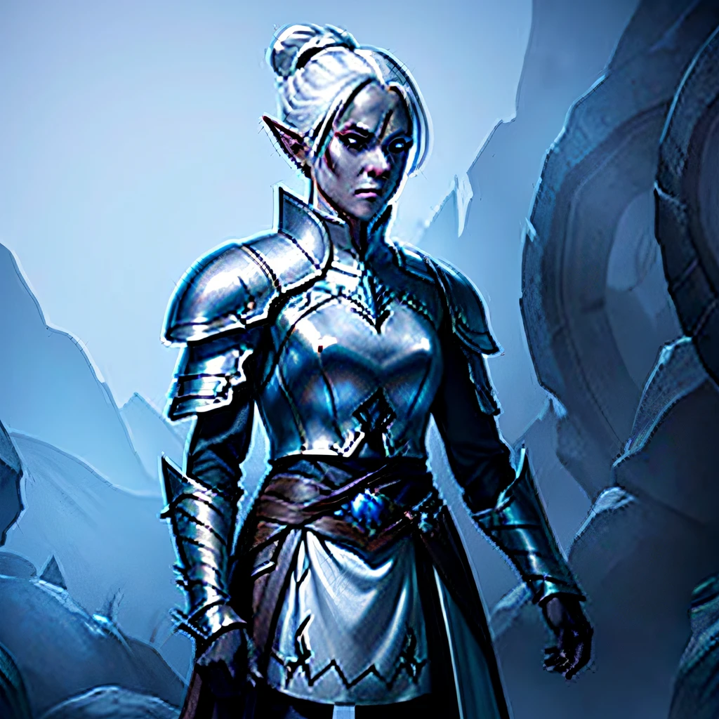 `(1 female, adult, dark elf), short, white hair in a bun, white eyes, dressed in steel armor, stealthily navigating a labyrinthine underdark dungeon, filled with deadly traps, realistic, fantasy setting, high resolution, detailed, color `