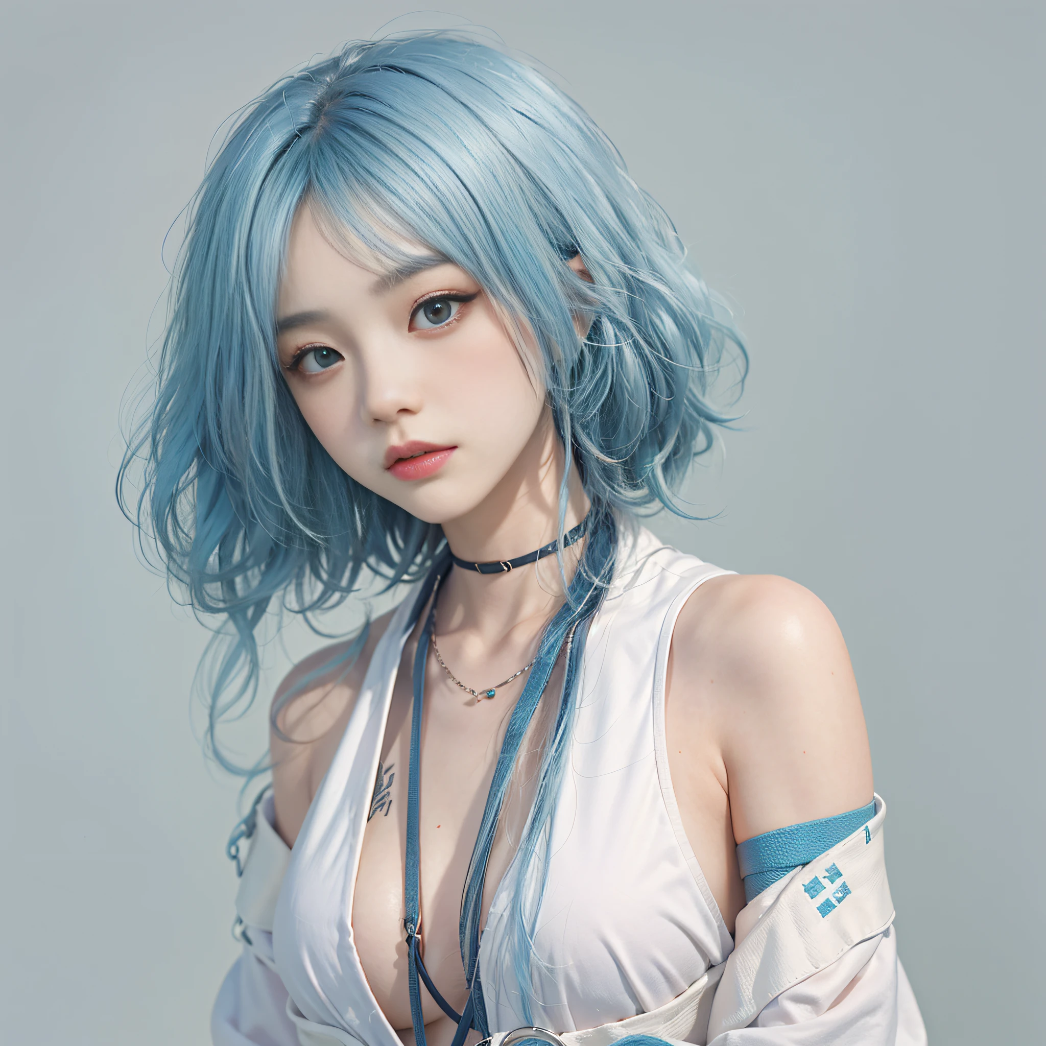 full bodyesbian,1girll,blue hairs,统一 8k 壁纸,best qualtiy,锁链,cropped shoulders,Bandage around the chest