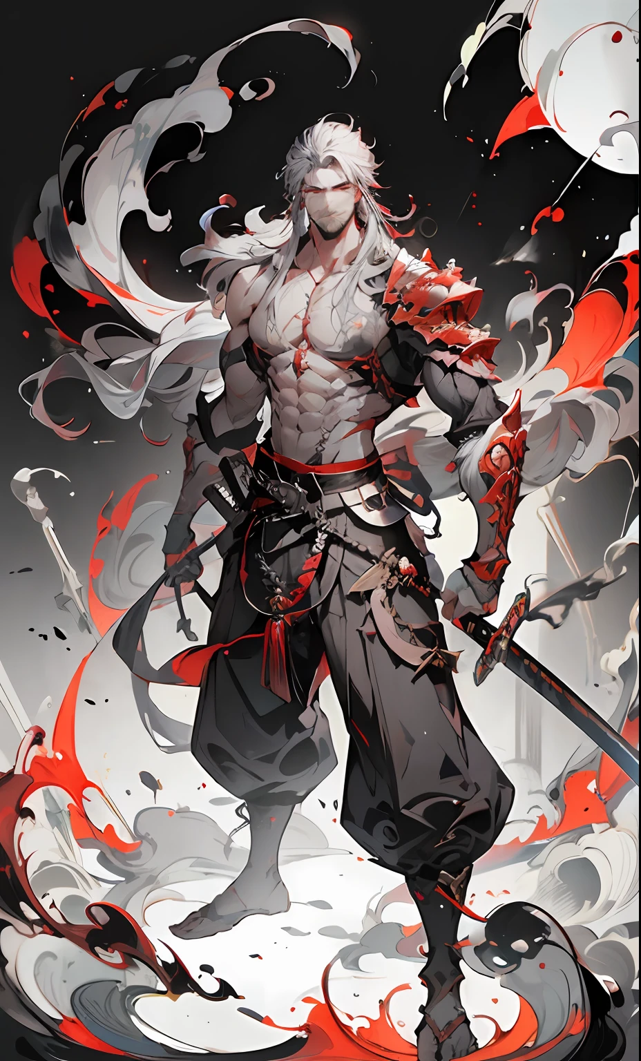 1boy, weapon, male focus, , long hair, , , holding sword, , , standing, armor, grey hair, sheath, pectorals, , belt, scabbard, shoulder armor, full body, smoke, facial hair, jewelry, pants, red eyes, , muscular, ,,
FH