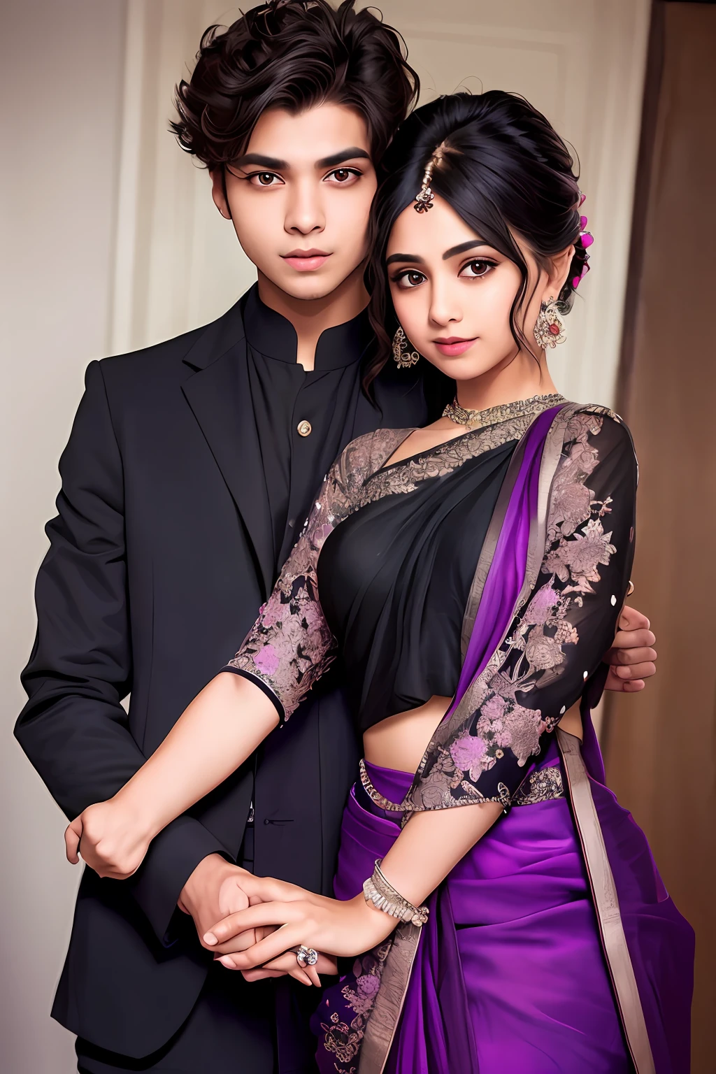 A boy holding a girl's hands, romantic, black and purplesaris dress , high quality detail, ultra realistic, waist out, 18 old boy, 16old girl,