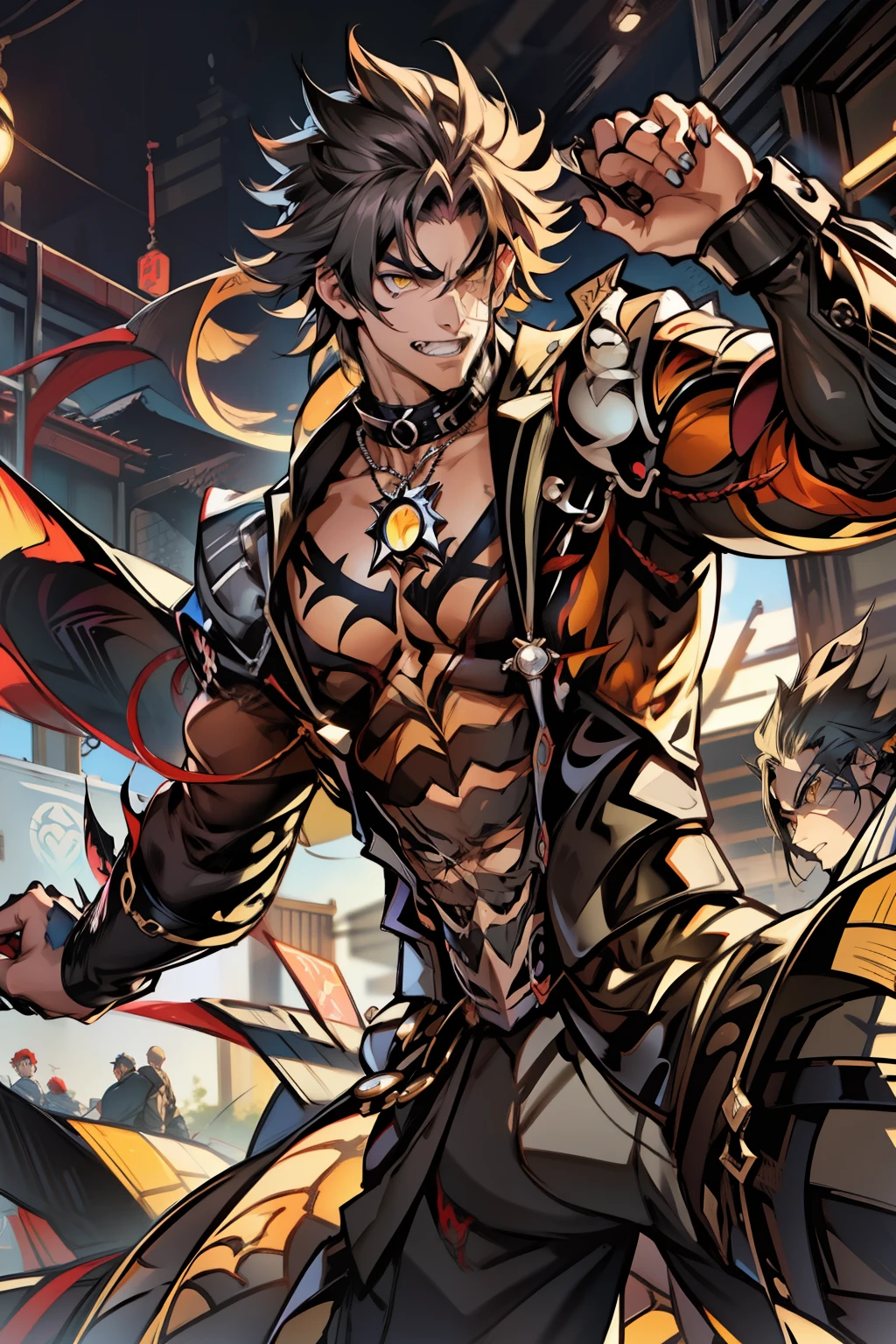 《the original god》Arataki Kazuto , male people,,((Masterpiece)), ((Best quality)), Ultra detailed,((illustration)), Dynamic Angle, Detailed light, (Delicate eyes), Floating, 1boy, Male focus, Head, Clothing, Yellow eyes, necklace, tattoo, (Forehead:0.8), (ahoge:0.8), jewelry, apathy,Ray, chest muscle, Sexy , Venom symbiote for your body, Black mucus of the body , (into venom), Venom,frontage,style of anime4 K, 4K anime wallpaper, Badass anime 8 K, 4 k comic wallpaper, young anime man, Anime boys, Anime wallpapers 4 k, Anime wallpaper 4K, High quality anime art style, Anime moe art style, Anime art wallpaper 8 K, Anime art wallpaper 4 K, RGB lighting