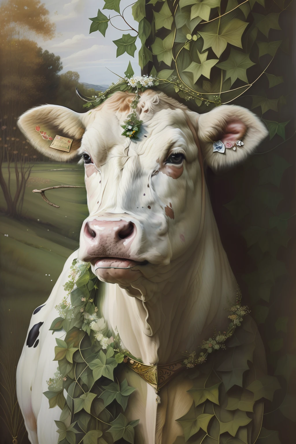 (((Painting of Pre-Raphaelite cow adorned with a garland ivy, folhas de hera, paisagem celta)))
