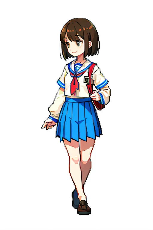 Pixel artwork: 16-bit pixels,1girll,with short brown hair,Wearing a Japanese-style women's school uniform,Smiling,walk:Pedal your left foot back,The right foot has just been stepped out,the sideview。