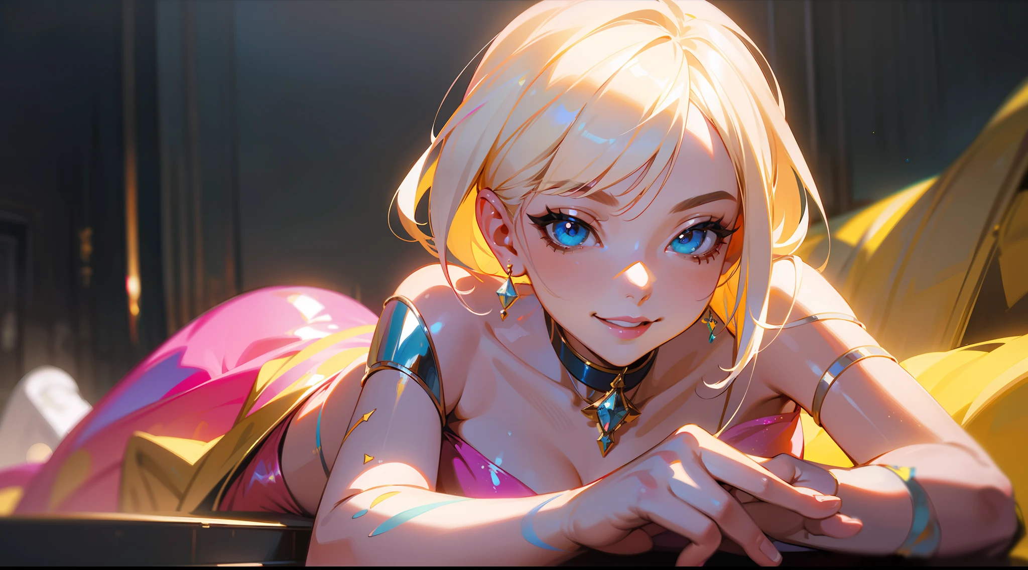 Woman with white blonde hair lying down, Wear a shiny pink dress，happy grin，fluorescence，glittery，SENSE OF CINEMA，Reasonable composition，rich details​，a photorealistic painting inspired by Yanjun Cheng, Trend of CGsociety, dreamlike realism, Guviz-style artwork, realistic colorful photography，Unexpected beauty