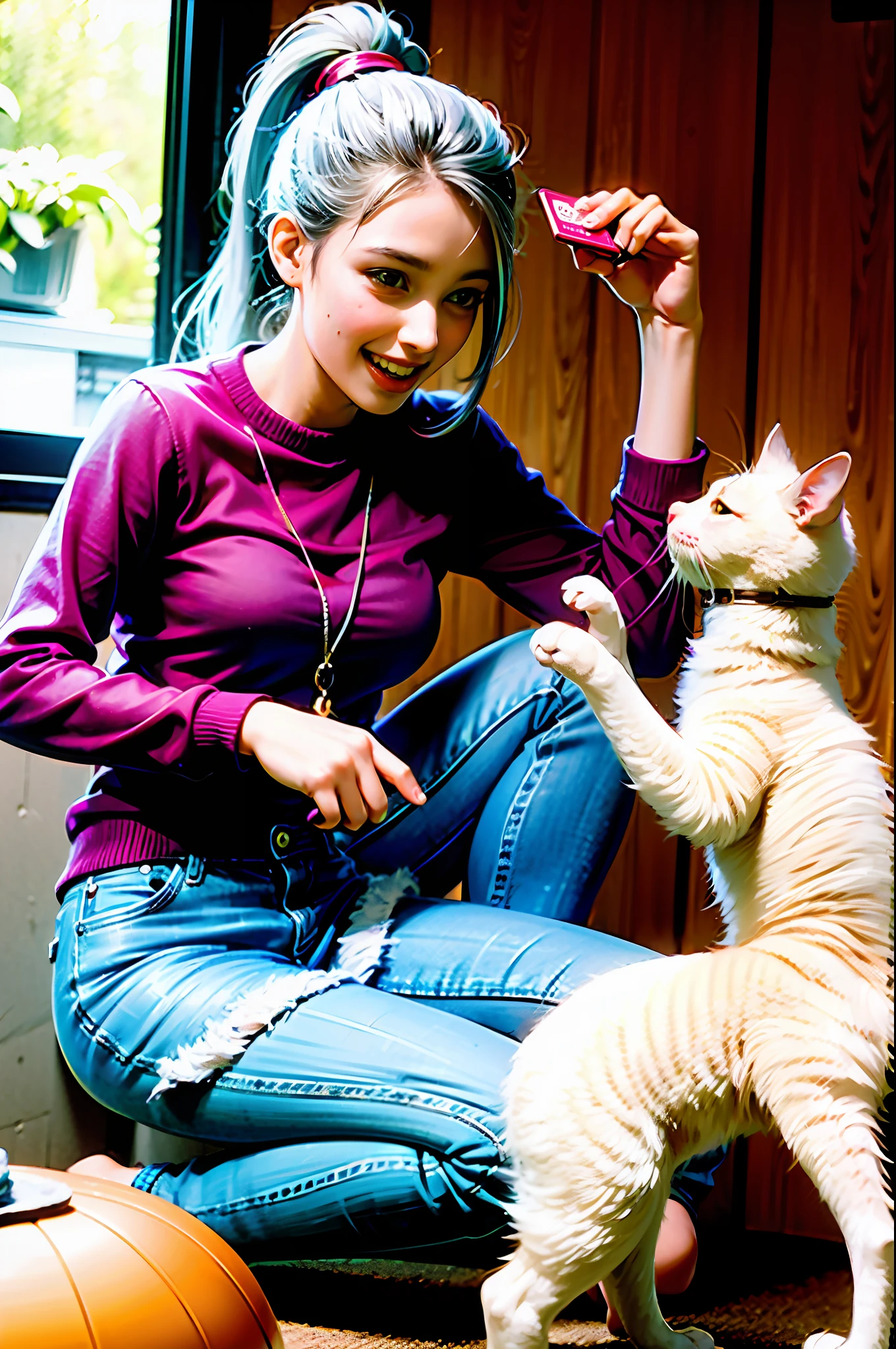 Female high school student at home,Holding a white cat,Ice-blue pupils,Long white hair,With a high ponytail,Sweet laugh,Beautiful and delicate face,Hand Biye,C cup,Sit on your knees,Look up,